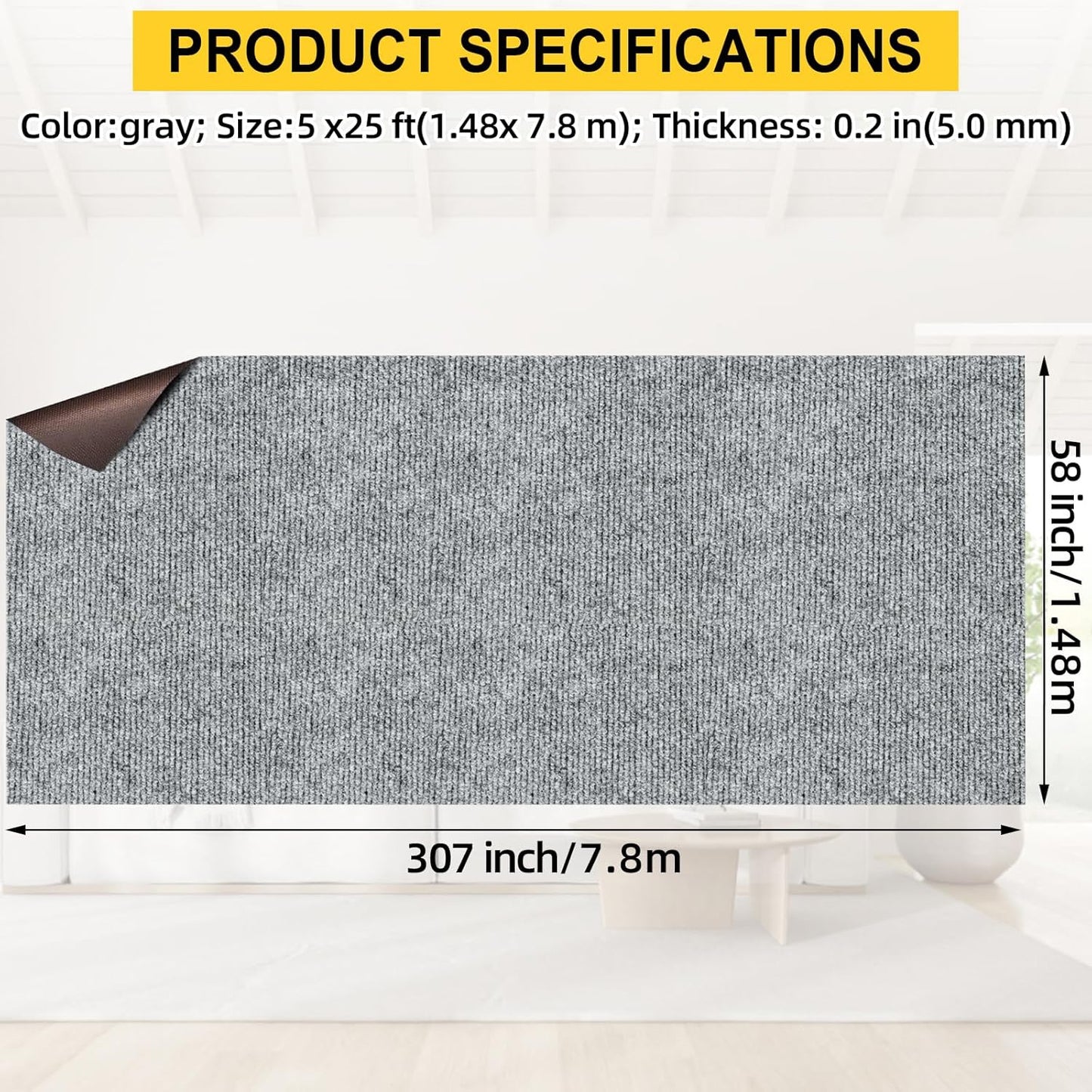 Marine Carpet,5 FT x 25 FT Smoke Gray Indoor Outdoor Carpet 0.2" Thick Boat Carpet with Water-Proof TPE Backing, Non-Slide Outdoor Marine Carpet Roll for Home, Patio, Porch, Deck