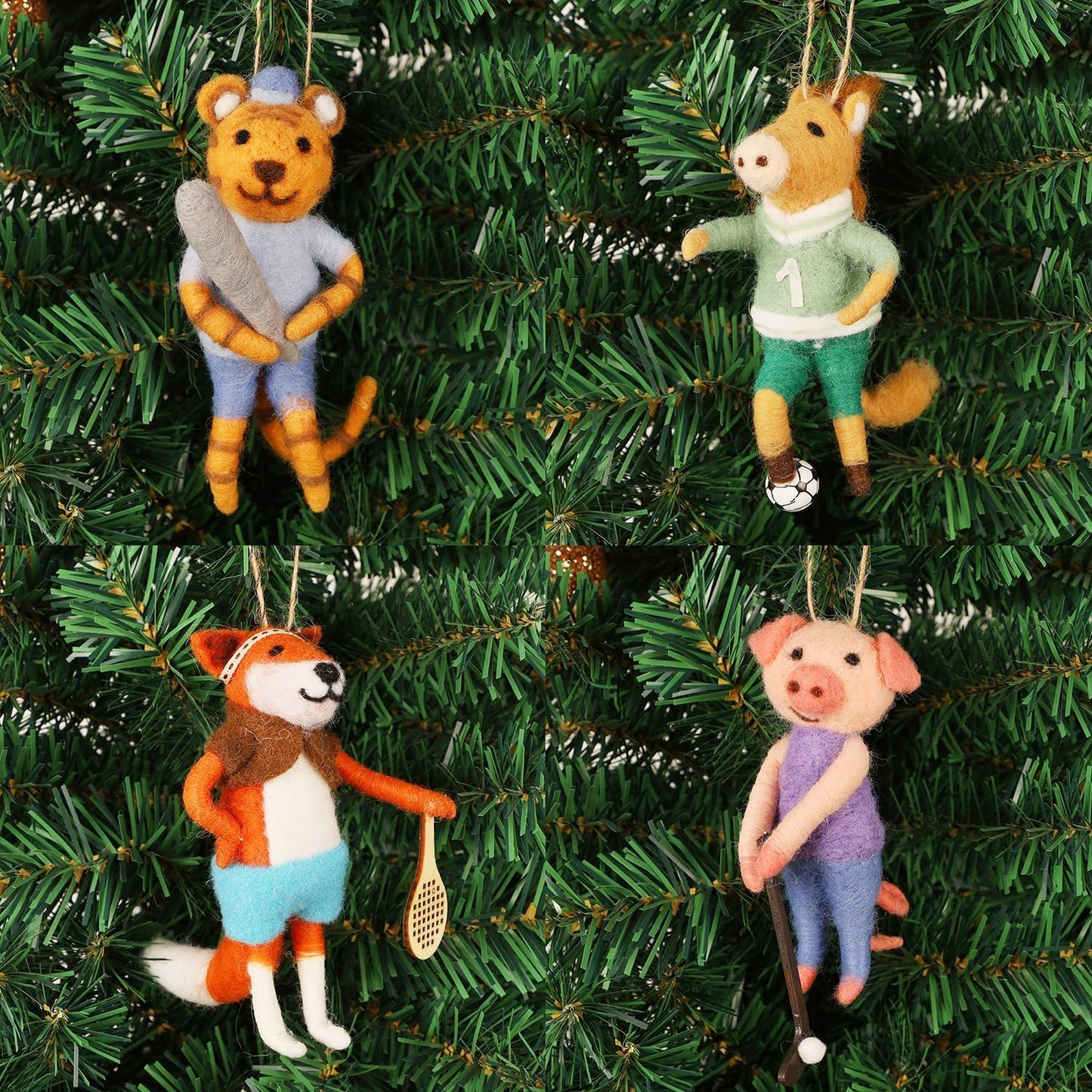 Set of 4 Christmas Felt Animal Athletes Ornaments, 5" Mini Hanging Wool Player Figurines, Tiered Tray Tabletop Decor, Animal Crafts Xmas Tree Festival Holiday Easter Gifts Home Office Party Supply