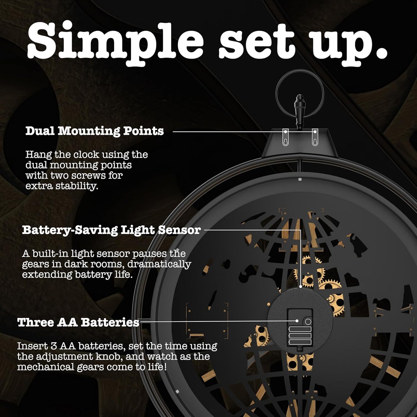 Driini 24 Inch Large Rustic Farmhouse Gear Clock with Moving Gears – Vintage Oversized Wall Clock with Iron Frame – Giant Industrial Steampunk Wall Clock for Living Room Décor (Walnut)