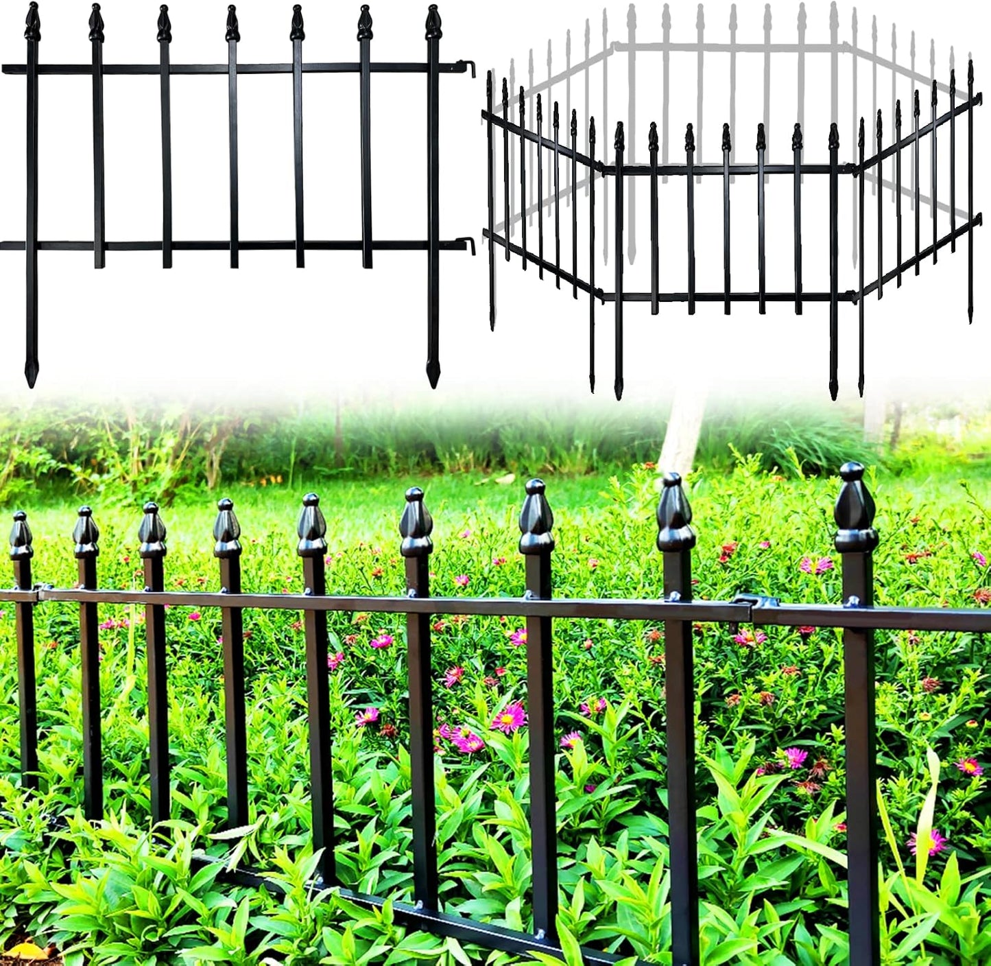 Metal Decorative Garden Fence 22" Wide x 18" High (5 Panels, Total Length 9.17 feet), Metal Border Folding Fence, Landscape Fencing for Flower Bed, Yard, Animal Barrier