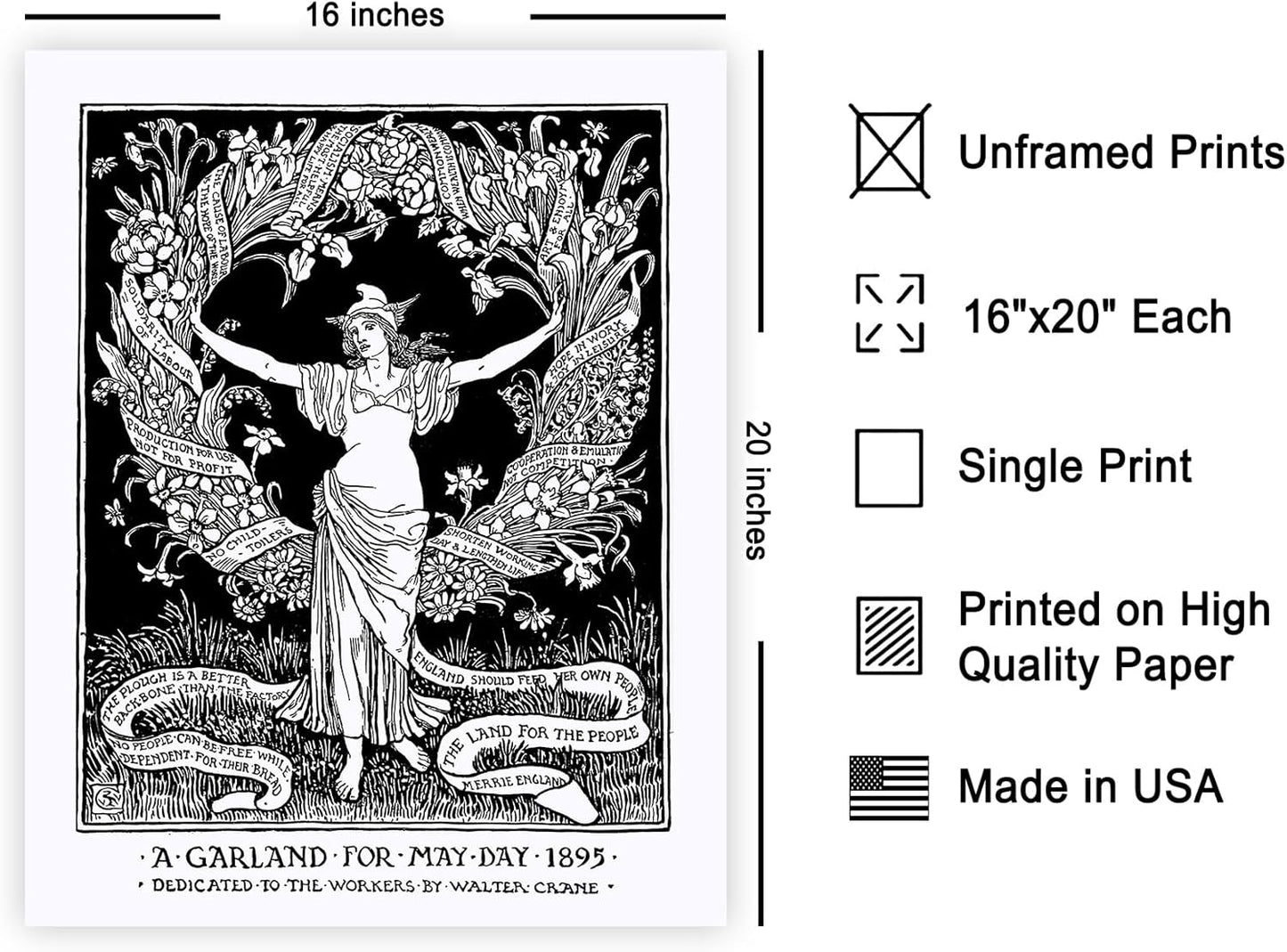 Poster Master Vintage Walter Crane Poster - Retro A Garland for May Day Print - Socialist Art - Gift for Him, Her, Men, Women - Wall Decor for Home, Office, Living Room - 16x20 UNFRAMED Wall Art