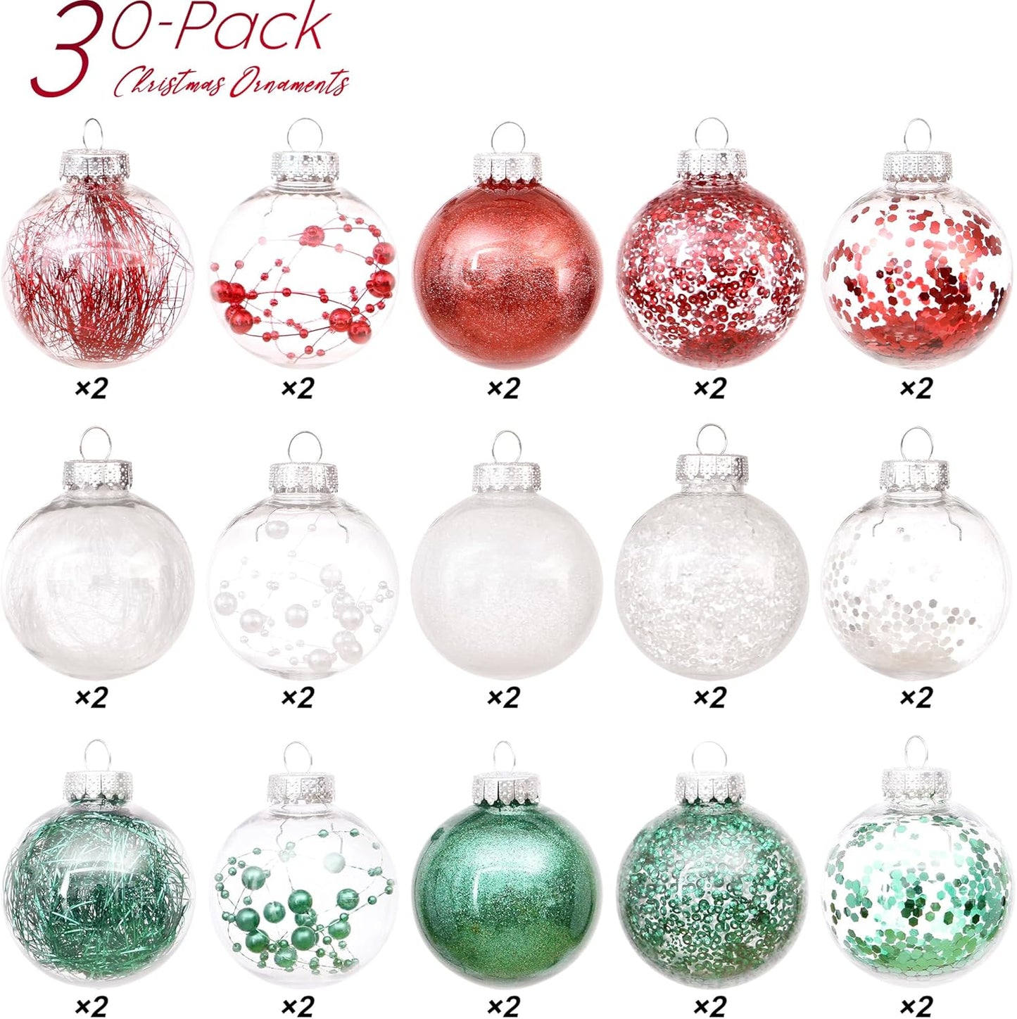 Sea Team 60mm/2.36" Shatterproof Clear Plastic Christmas Tree Ball Ornaments Set, Decorative Hanging Transparent Xmas Baubles with Stuffed Delicate Decorations (30 Counts, Elf)