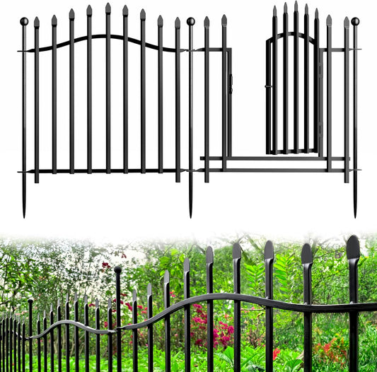 No-Dig Garden Decorative Fence with Gate - 5 Panels 24in H x 11.25ft L, Heavy-Duty Rust-Resistant Metal Dog Fence with Arched Design for Yard, Patio, and Flower Beds - Ideal for Pets and Landscaping