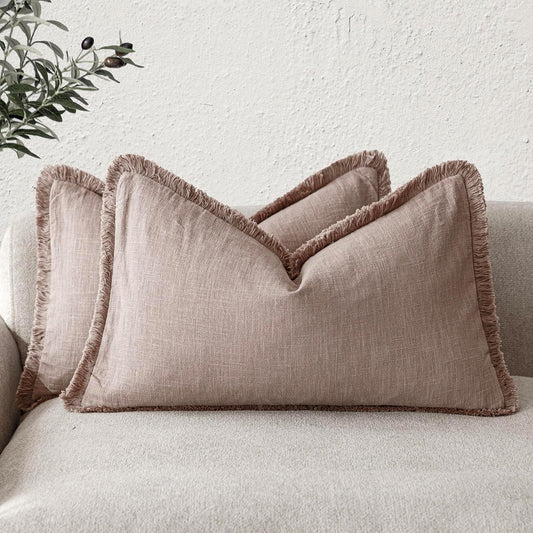 Foindtower Set of 2 Decorative Linen Fringe Lumbar Throw Pillow Covers Farmhouse Cushion Cover with Tassels Soft Accent Pillowcase for Couch Sofa Bed Living Room Home Decor,12×24 Inch,Dusty Pink