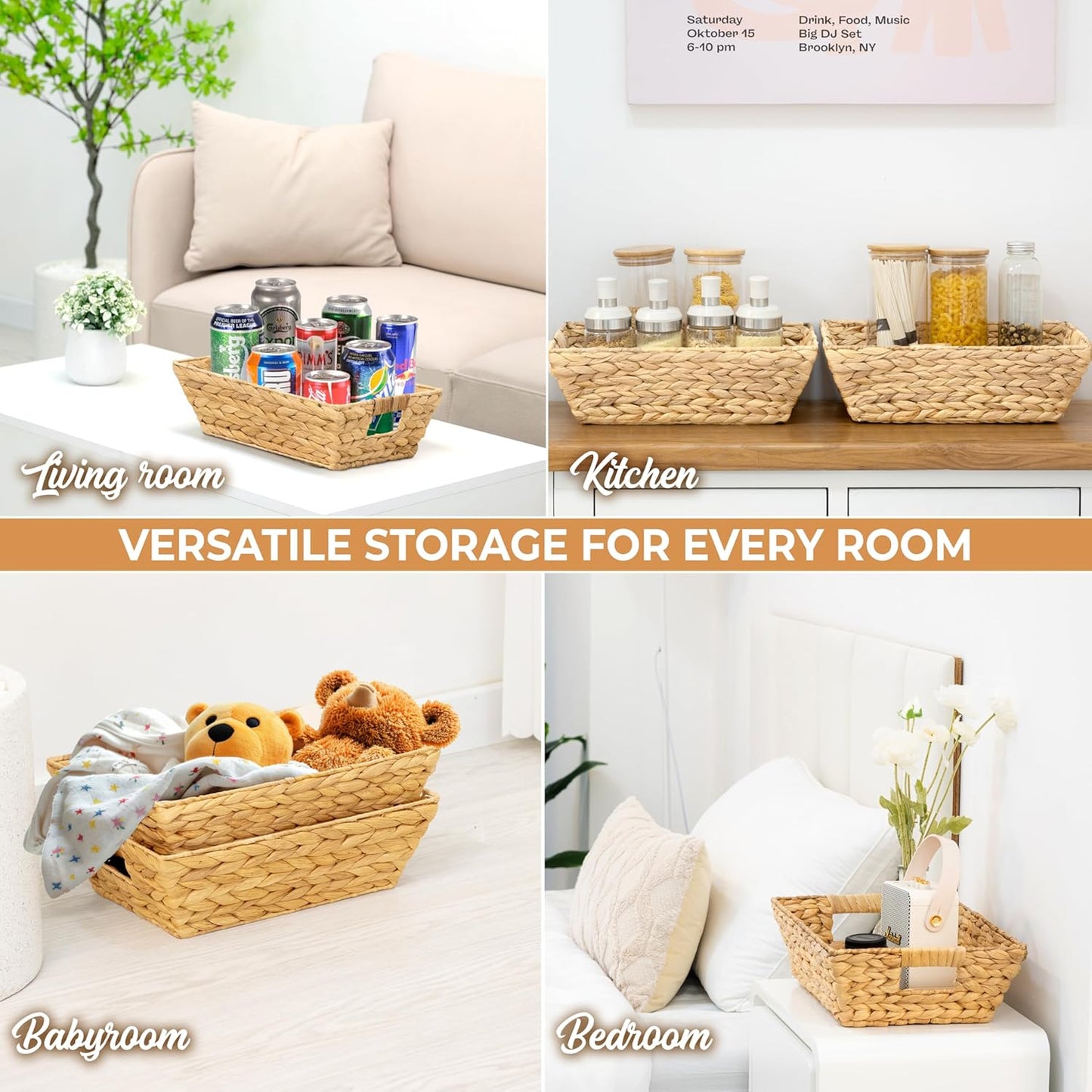 Set of 3 Snack Baskets, Wicker Snack Basket Organizer for Office, Small Wicker Baskets with Handles, (3 Medium Basket)