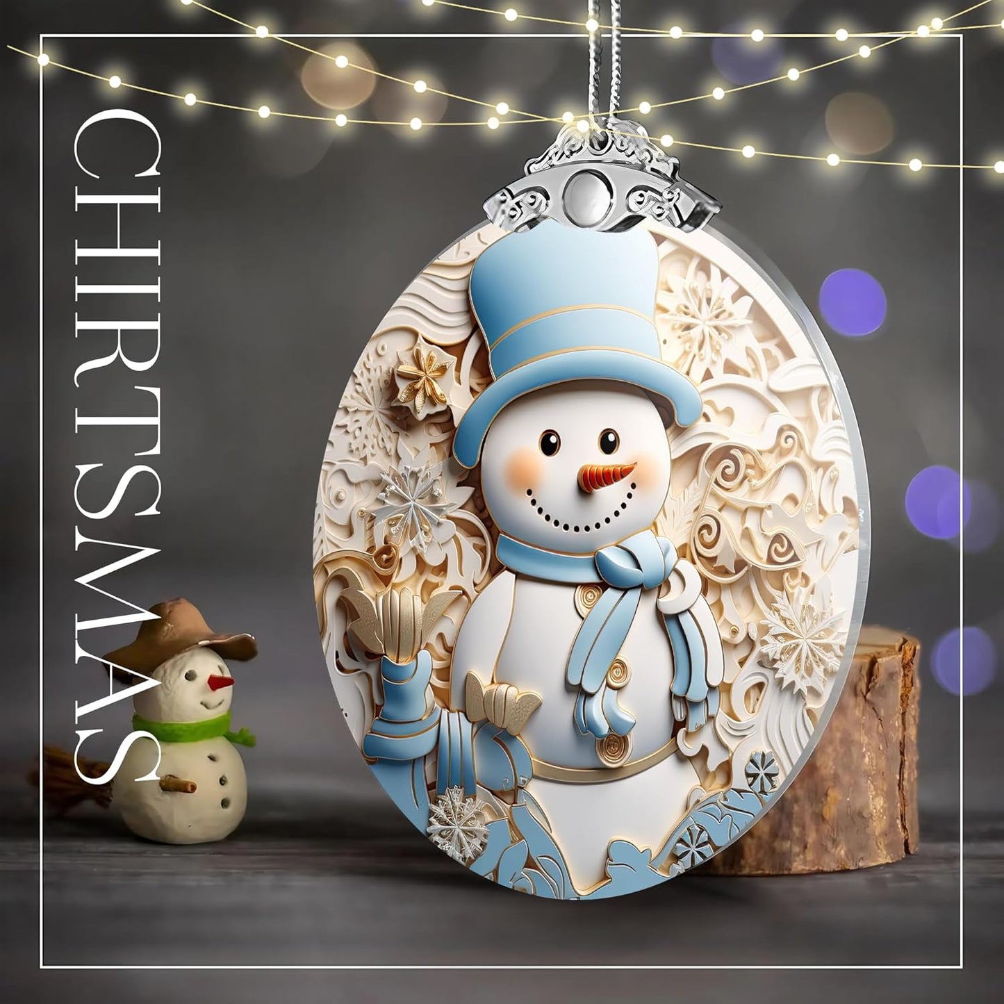 2025 Christmas Ornament, Stained Glass Effections, Christmas Tree 4 Inch Acrylic Ornament Art, White Elephant Gifts Car Interiors Decors, Christmas Decor (Blue hat Snowman)