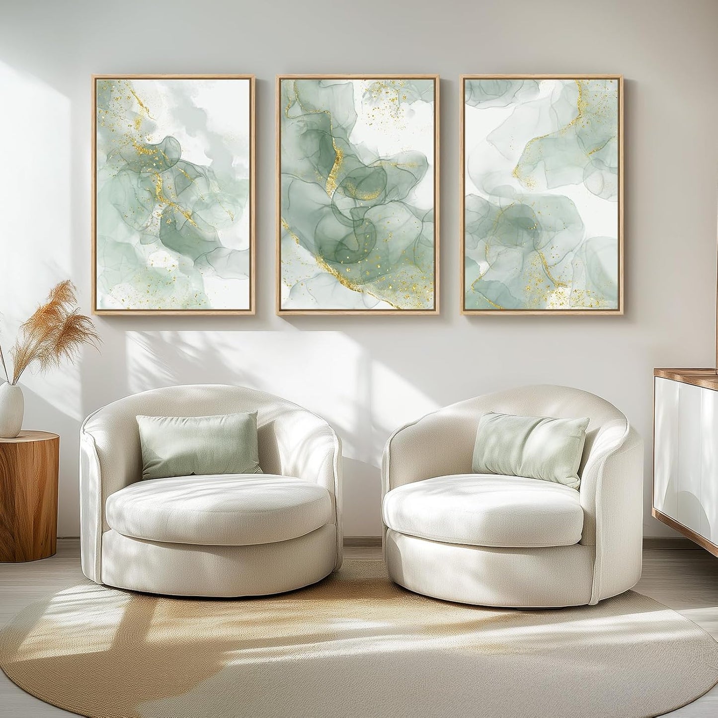 Large Framed Sage Green Abstract Wall Art for Living Room, 3 Piece Green and Gold Canvas Prints Paintings Artwork for Walls, Modern Minimalist Pictures for Hallway Stair Office Wall Decor 24x36 In