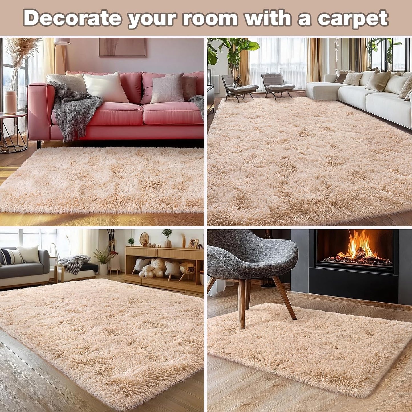 Rezutan Fluffy Rug for Living Room Bedroom Soft Modern Shaggy Fuzzy Kids for Living Room, Cute Room Decor, Plush Indoor Nursery Home Decor Bedside with Non-Slip Bottom, Beige, 4 X 6 Feet