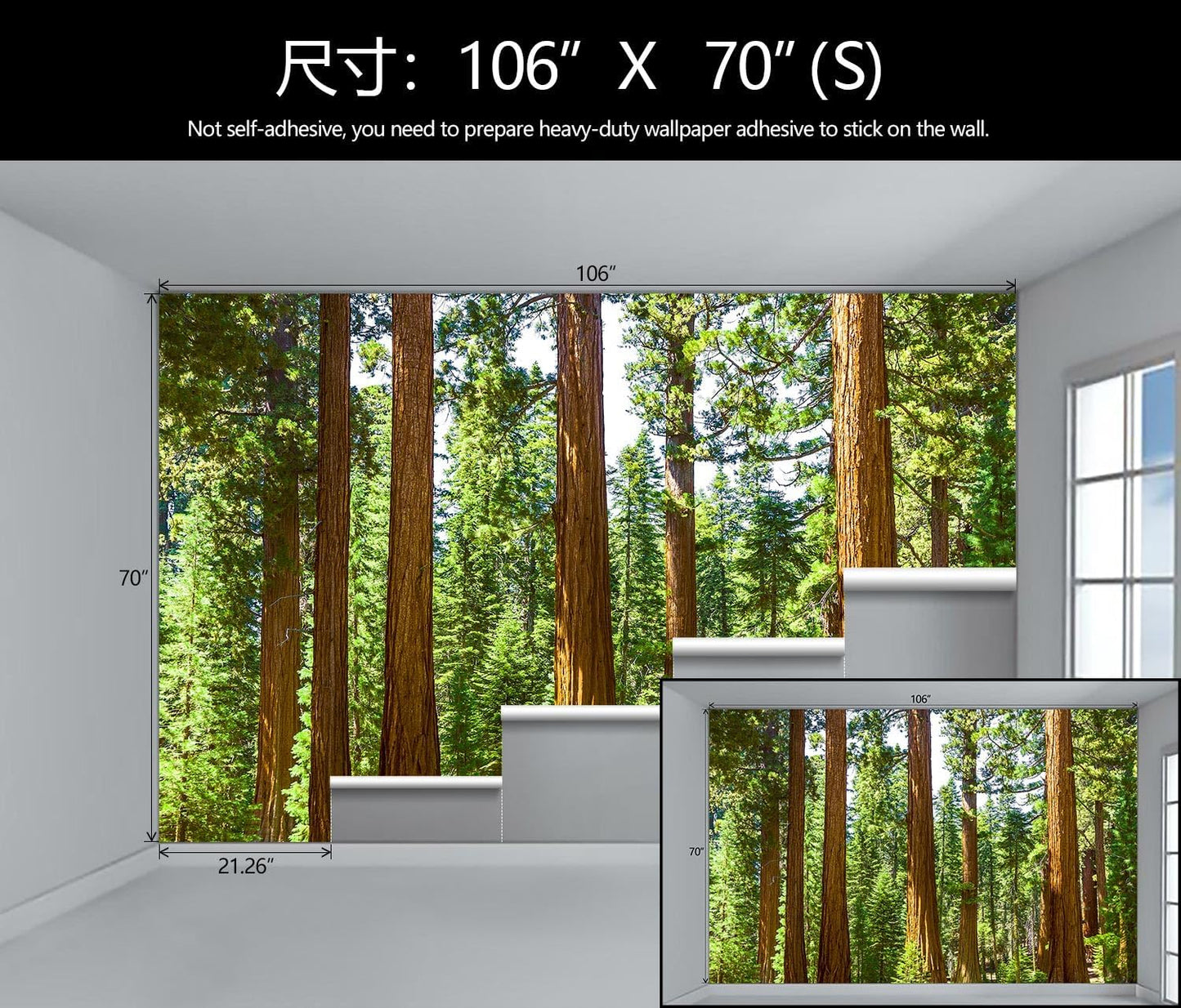 WFBHUA-Redwood Forest Wallpaper Green Woodland Tree Wallpaper for Bedroom Large Art Wall Murals for Living Room Office (Not Peel and Stick)