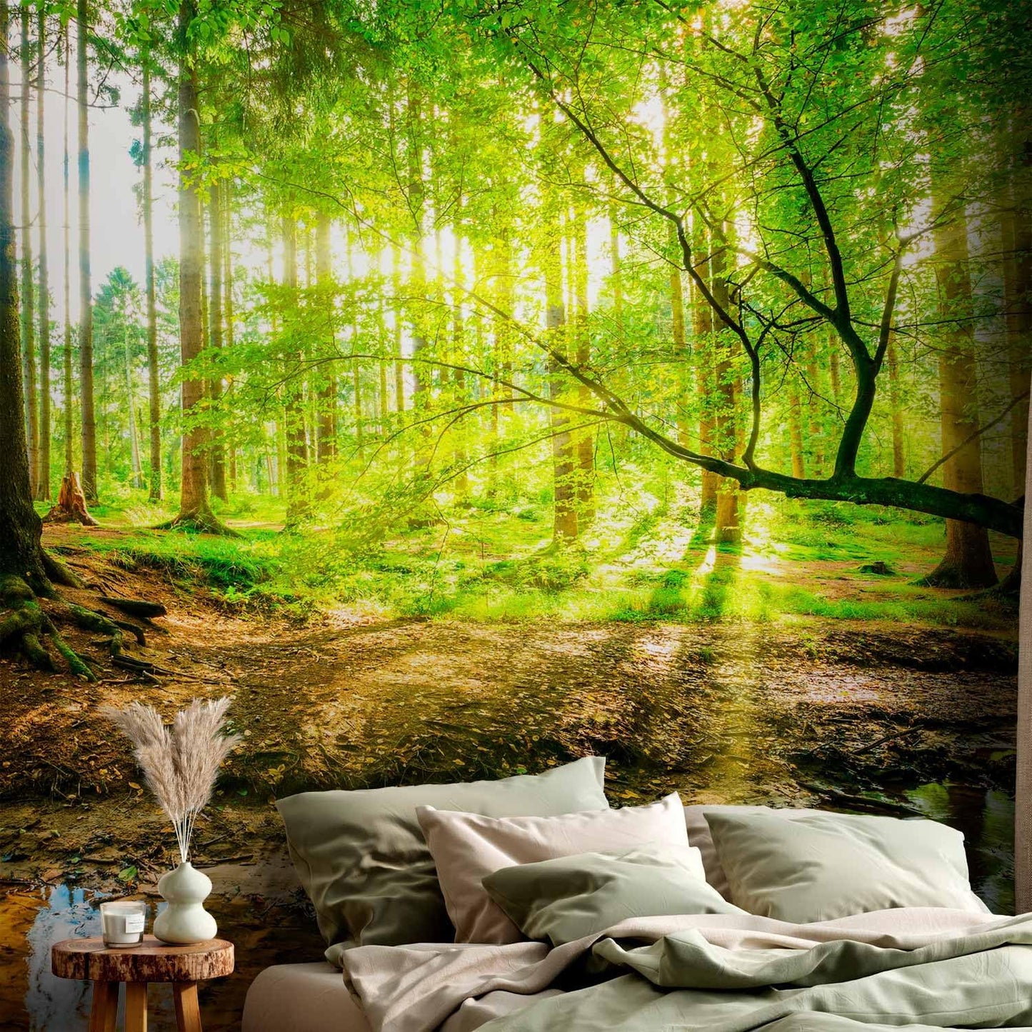 artgeist Wall Mural Peel and Stick Forest Landscape 212x98 in - XXL Self-Adhesive Corner Wallpaper Removable Large Sticker Foil Angle Wallpaper Wall Decor Print Green Sun Nature Tree c-B-10040-a-a