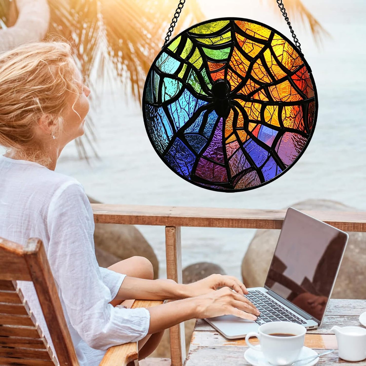Stained Glass Suncatcher, Colorful Spider Sun Catcher Black Insect Stain Glass Window Hanging Decoration Mother's Day Birthday Gifts for Women Men Mom Nana 7.8 in