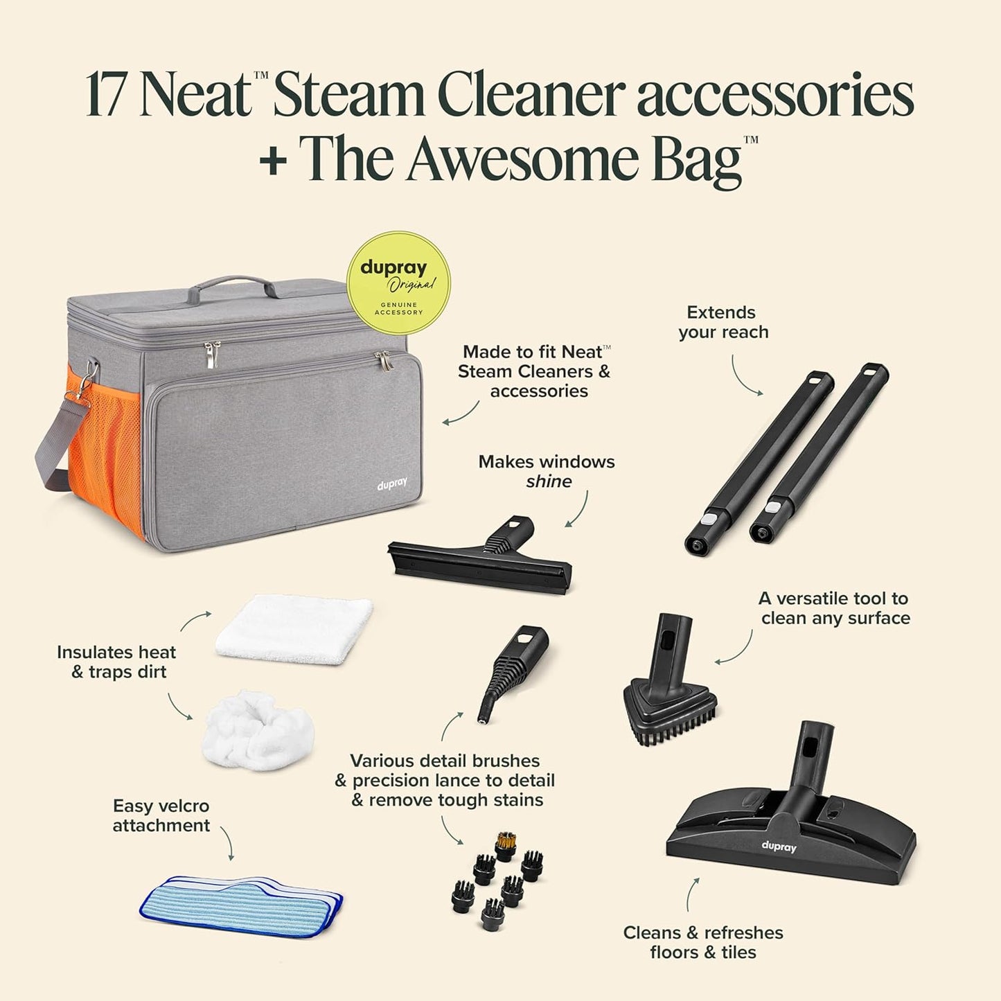 Dupray Neat Steam Cleaner with 18-Piece Kit – (Neat with the Awesome Bag) Powerful, chemical-free cleaning for floors, cars, tiles, grout, and more. *Kills 99.9% of Bacteria and Viruses