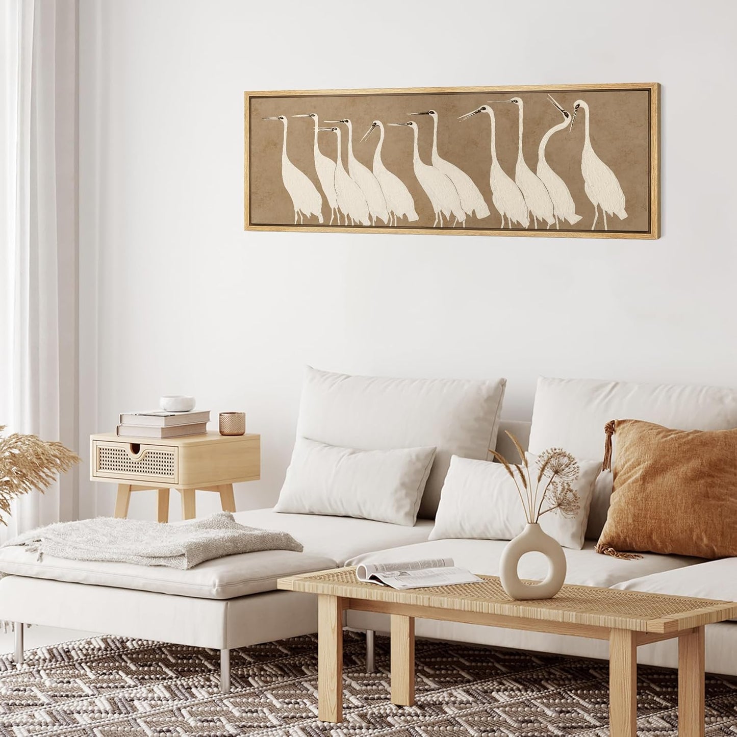 MUDECOR Large Framed Canvas Print Wall Art Minimalist White Cranes on Beige Background Antique Retro Fine Art Illustrations Decorative Colorful for Bedroom - 60"x20"