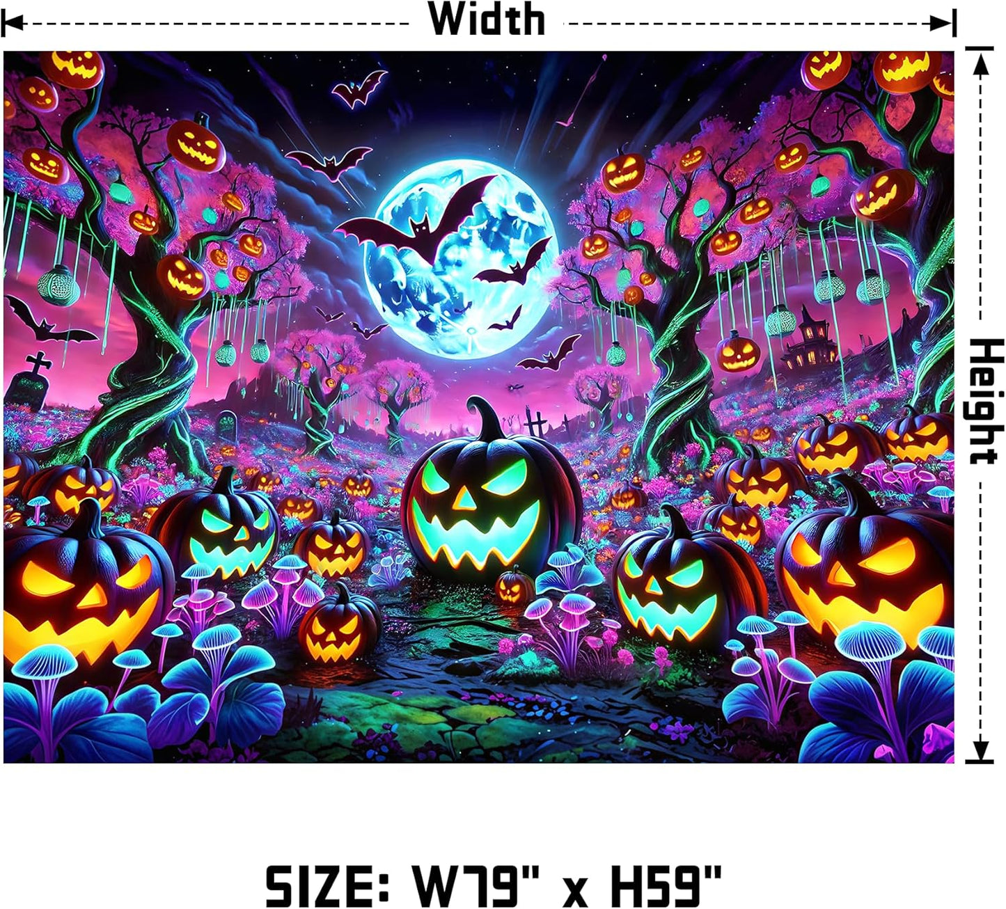 AOHMPT Glow-in-the-Dark Halloween Tapestry - UV Reactive Black Light Wall Hanging Decor for Spooky Parties, Bedroom, Living Room (Pumpkin-Bat, 79L x 59W, Unframed)