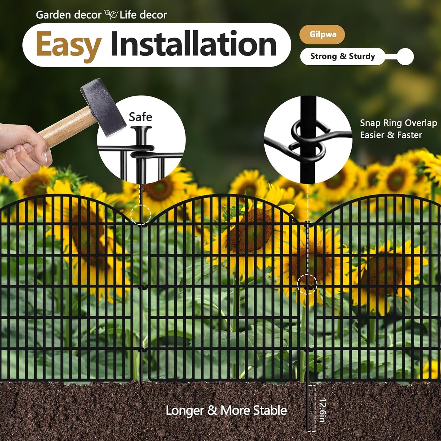 10 Panels No Dig Decorative Outdoor Garden Fence for Yard, 33in (H) x 24ft (L) Animal Barrier Fencing Rustproof Metal Panel Border for Dog, Rabbits Patio Camping Temporary Ground Stakes