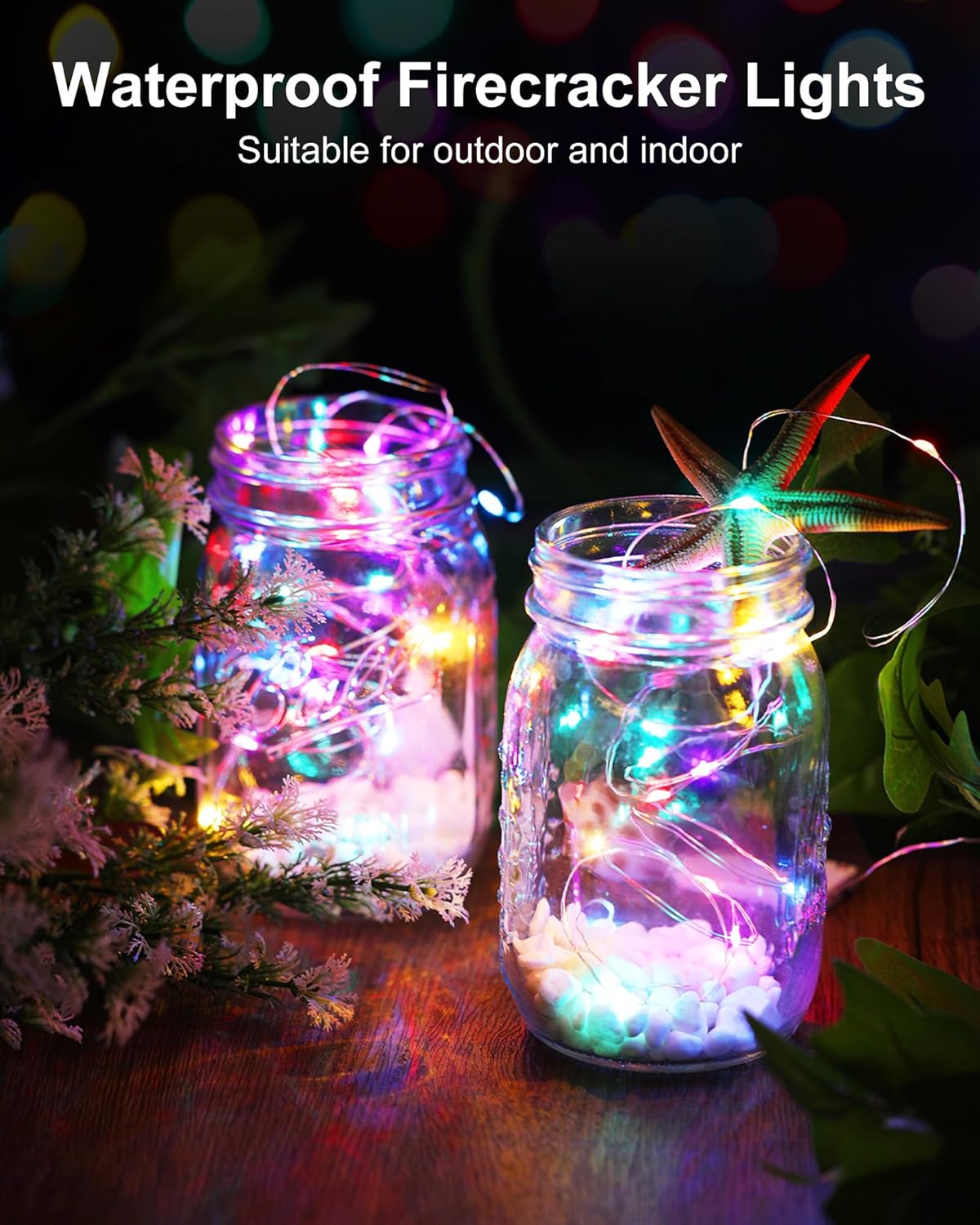 Minetom 4 Pack Fairy Lights Battery Operated, 5 Feet 60 Led Firecracker Starry Lights Waterproof Silver Wire String Lights for DIY Wreath Wedding Party Bedroom Mason Jar Holiday Christmas, Multicolor