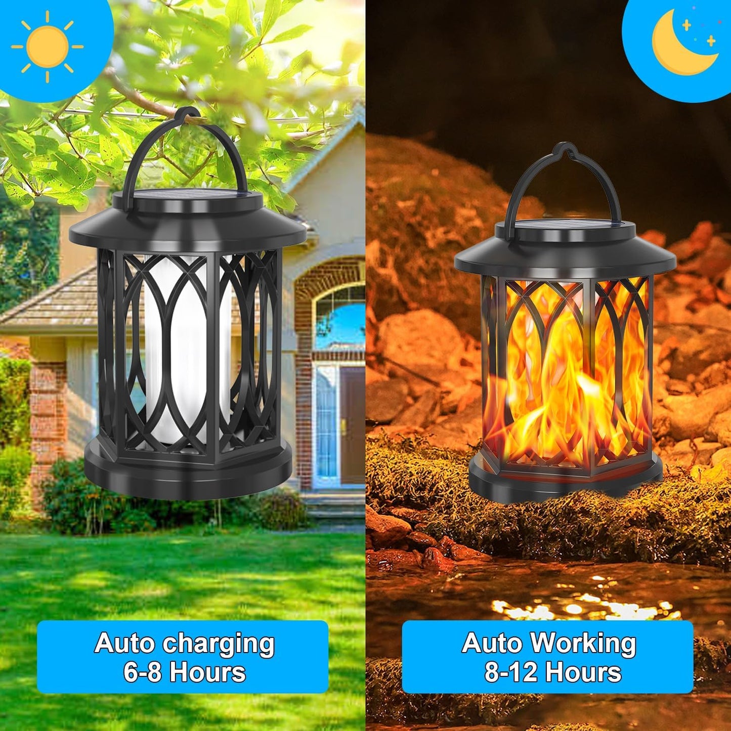 Solar Lanterns Outdoor, Flickering Flames Outdoor Solar Lights Hanging Lanterns Waterproof Decoration Lighting for Garden,Tree,Table (2 Pack)