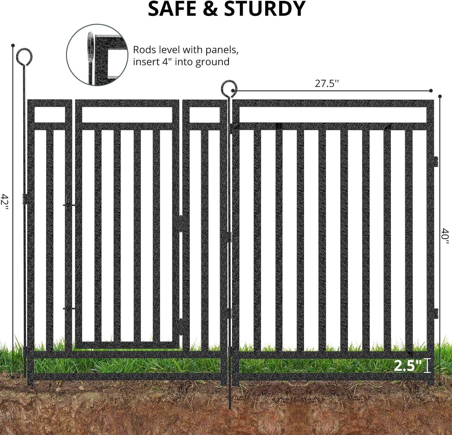 Decorative Garden Fence Large Dog Fence Outdoor for Yard, 72ft (L) × 40in (H), 28 Panels + 4 Gates, Metal Animal Barrier Fencing for Patio & Flower Bed, No Dig, Black-Silver