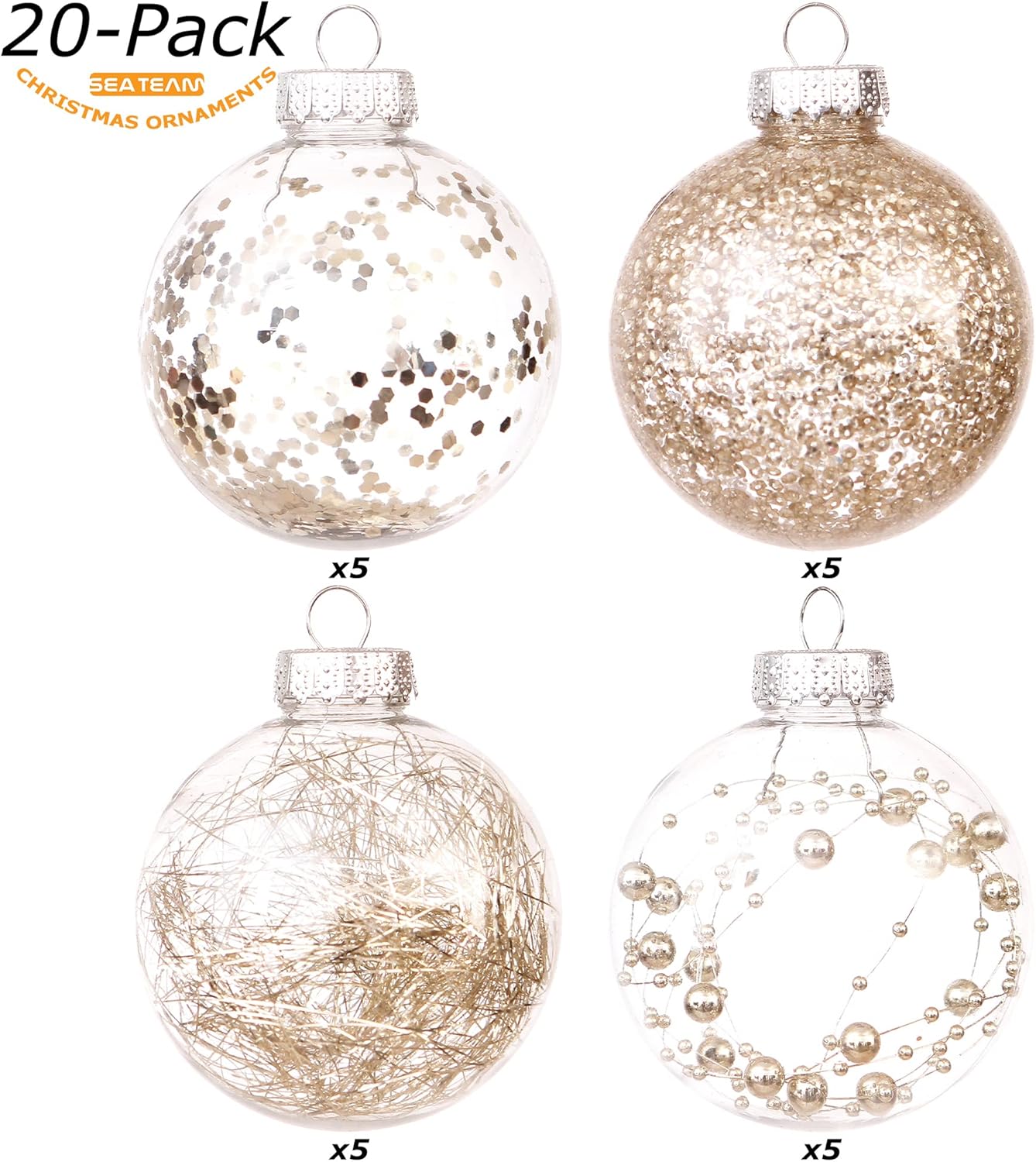 Sea Team Shatterproof Clear Plastic Christmas Ball Ornaments Decorative Xmas Balls Baubles Set with Stuffed Delicate Decorations (80mm/3.15 inch 20-Pack, Champagne)