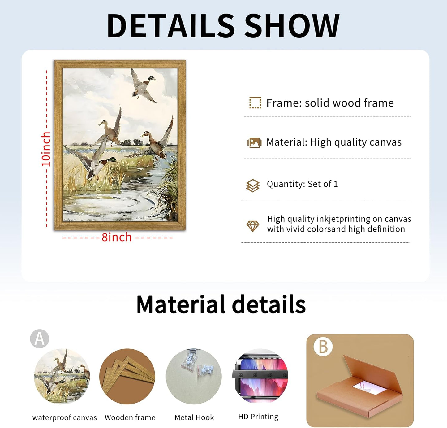 Framed Vintage Duck Wall Art Print, Rustic Mallard Watercolor Canvas Poster Wall Decor, Country Wildlife Bird Illustration for Farmhouse Living Room Kitchen Bedroom Decor 8x10 Inch