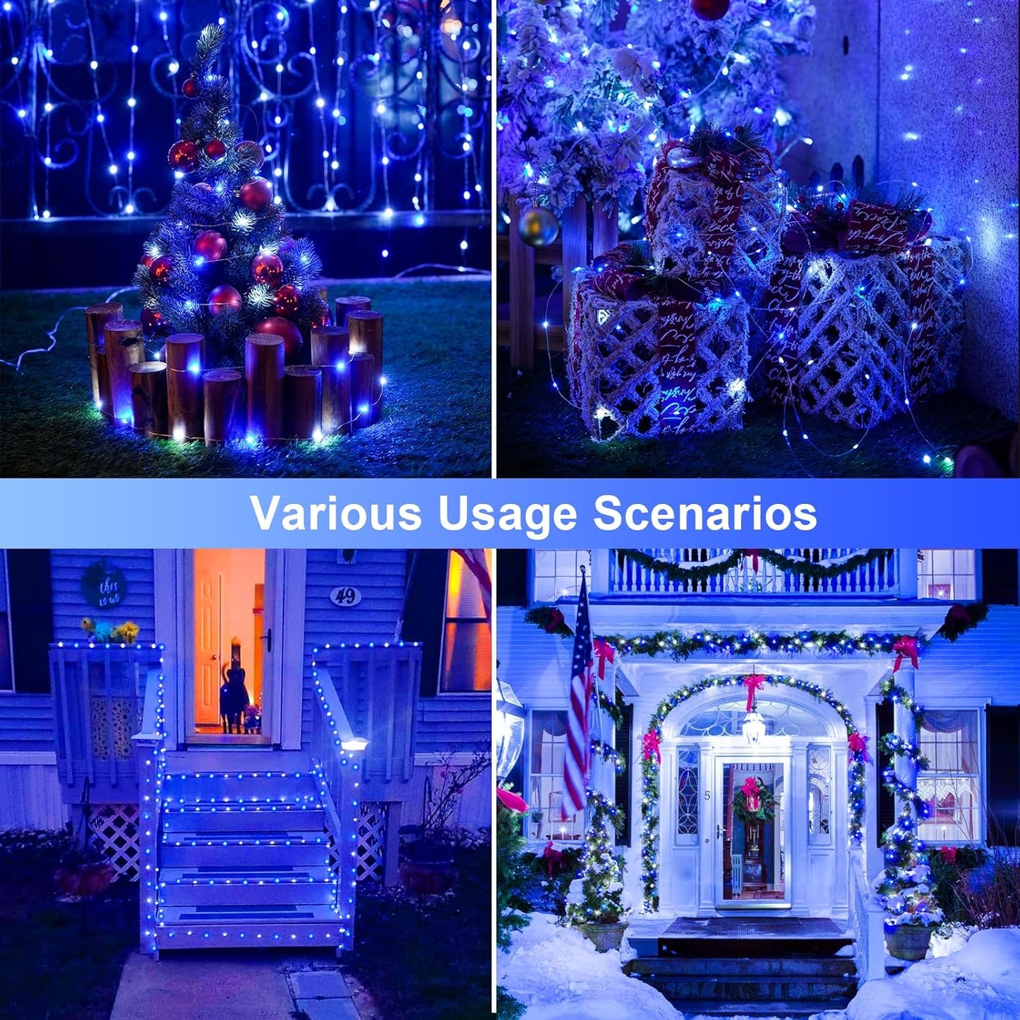JMEXSUSS 2 Pack Blue and White Solar Christmas Lights, Each 33FT 100 LED Solar String Lights Outdoor Waterproof, 8 Modes Mini Fairy Lights for Outside Yard Patio Christmas Decorations