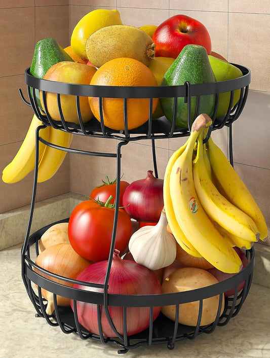 2 Tier Fruit Basket for Kitchen Counter with 2 Banana Hangers, 2025 Pro Detachable Metal Fruit Bowl with Wooden Handle,Fruit Holder for Bread Snack Veggies, Black Extra Large