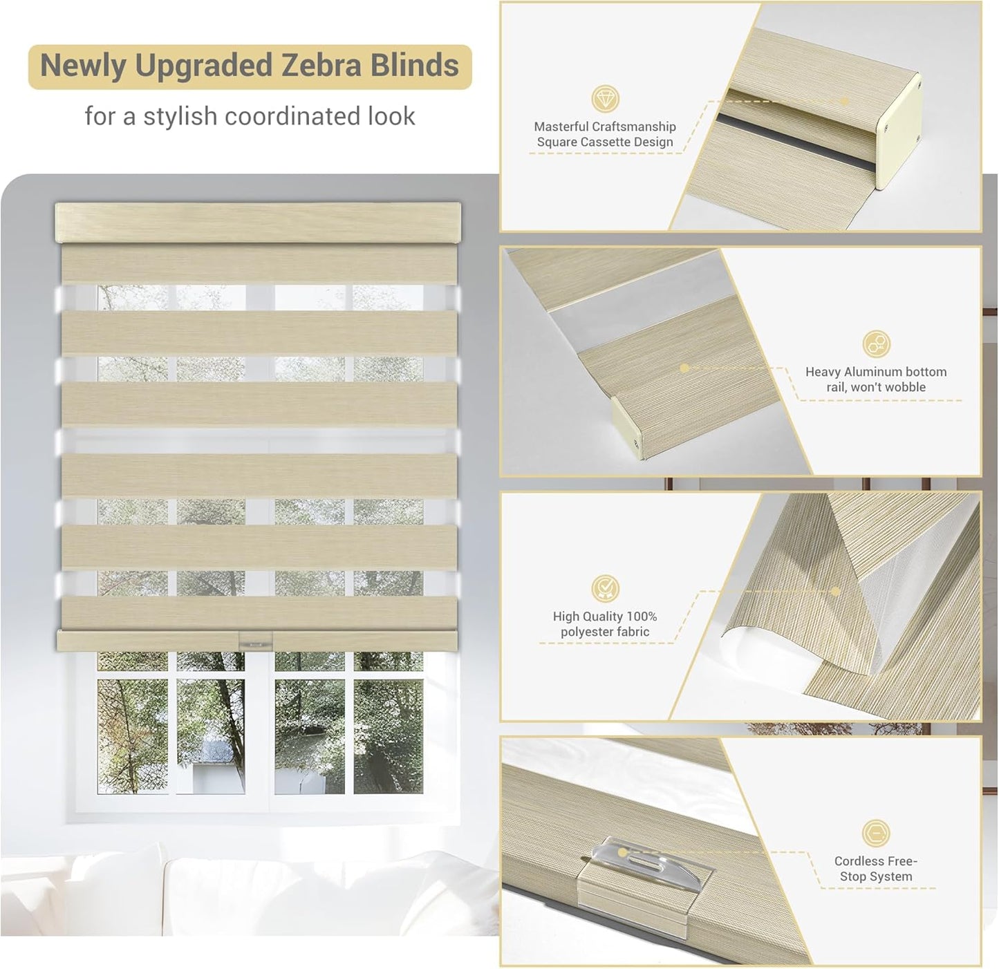 Cordless Zebra Blinds for Windows, Blackout Interior Blinds,Easy to Install,UV Protection,for Offices and Home,Custom Roller Shades, Mousse Beige,45" W x 64" H