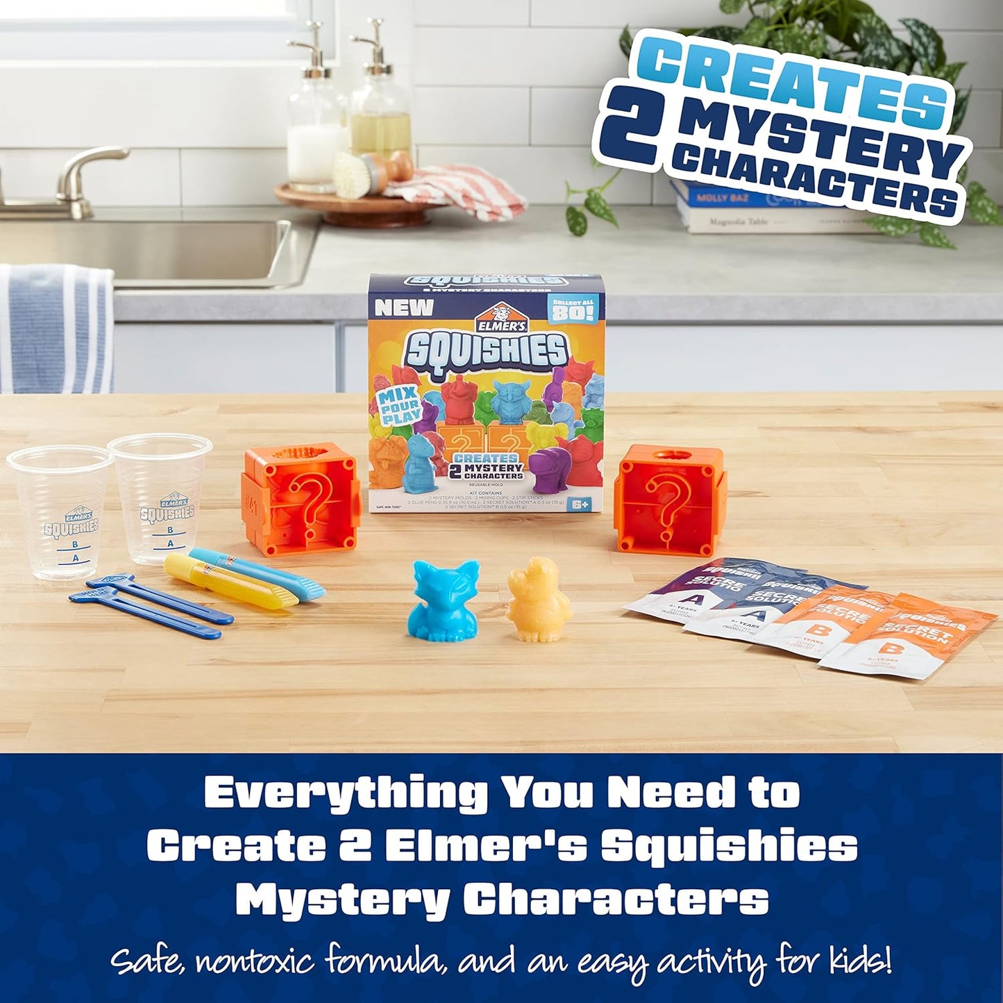 Elmer’s Squishies Kids’ Activity Kit, DIY Squishy Toy Kit Creates 2 Mystery Characters, 12 Piece Kit