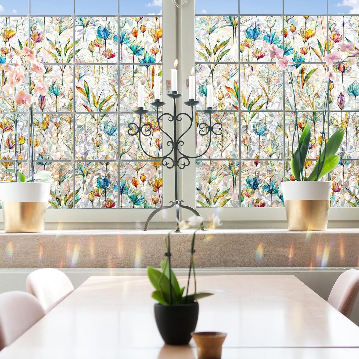 Rainbow Window Privacy Film 3D Floral Decorative Stained Glass Window Film Anti UV Non-Adhesive Reusable 17.5" x 78.7" for Home Room Car Glass Cling