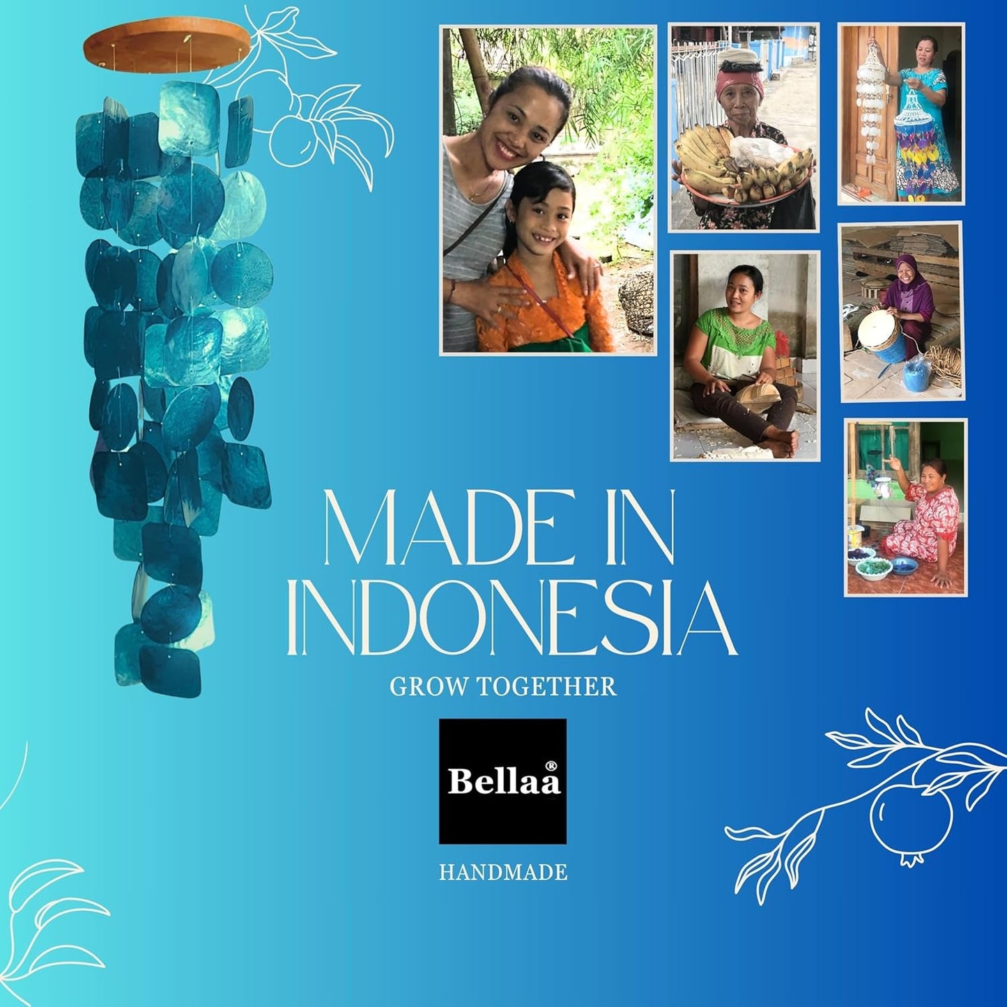 Bellaa 24889 Wind Chimes Outdoor, Garden Decorations, Musical, Indoor/Outside Windchimes, Beach, Ocean Breeze, Gifts for Mom, Gift for All Occasions, Capiz Sea Glass Shells Wood Yellow Blue