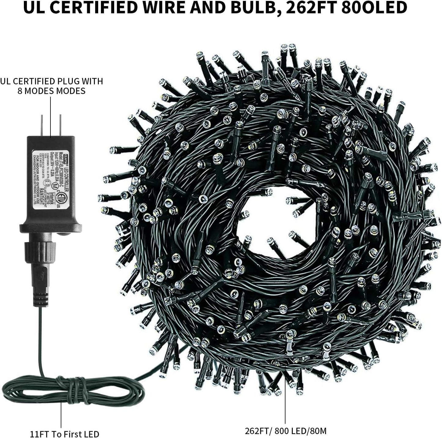 XTF2015 262FT 800 LED Christmas String Lights, Christmas Lights Plug 8 Modes Memory Function with Timer, UL Certified Outdoor Indoor Fairy Light Christmas Tree, Patio, Party (Multicolor)