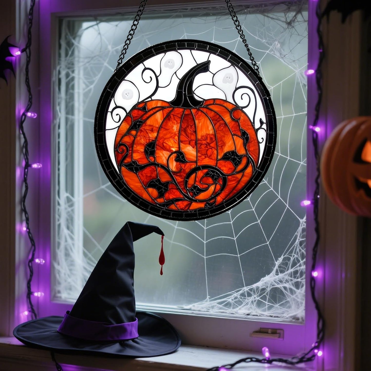 Stained Glass Window Hanging - Halloween Red White Scary Pumpkin Suncatcher for Doors Garden Home Spooky Rattan Sun Catchers Gothic Decor Horror Gifts for Women Men Friend Boy Girl 7.8 in