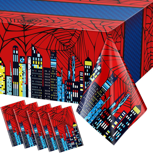 Oudain 5 Pcs Spider Tablecloth 108 x 54 in Red and Blue Plastic Disposable Table Covers City Web Theme Birthday Party Decorations Large Table Cloths for Party Indoor Outdoor (Classic)