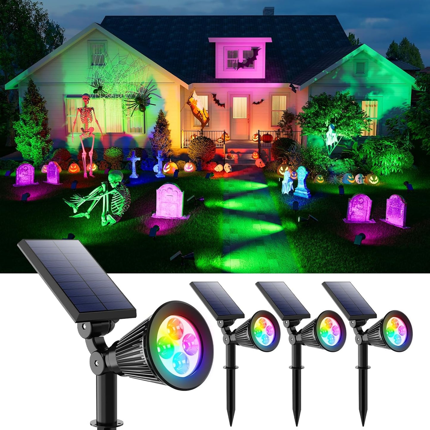 4 Pack Color Changing Solar Spotlights Outdoor for Halloween Decorations Spooky Ghost, Spider Web, Tombstone, Pumpkin, Waterproof Solar Landscape Spot Lights Uplighting for Outside House, Yard, Garden