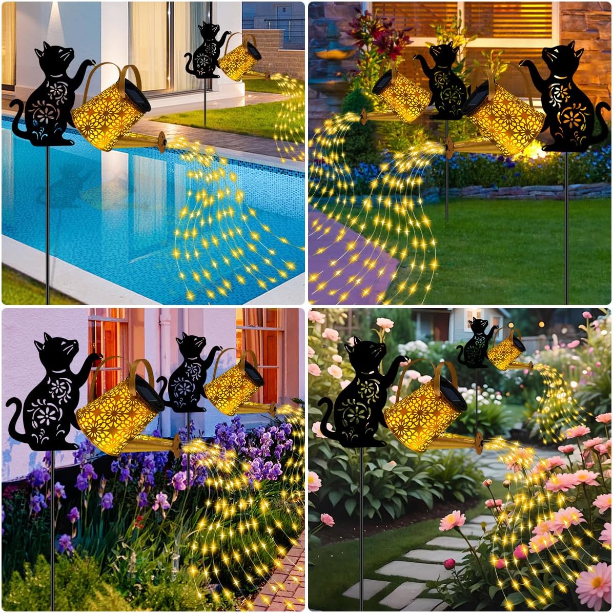 Solar Lights Outdoor Decorative, Watering Can with Cascading Lights, with Cat Silhouette Garden Stakes, Waterproof Metal Garden Decor for Yard Art, Outside, Patio, Lawn Ornaments