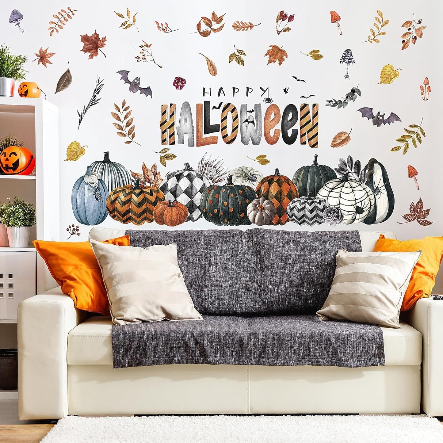 clothmile 40.15 x 38.58 Inch Happy Halloween Pumpkins Wall Decals Halloween Leaves Bat Spider Wall Stickers Halloween Removable Wall Sticker for Halloween Party Supplies Home Wall Decor