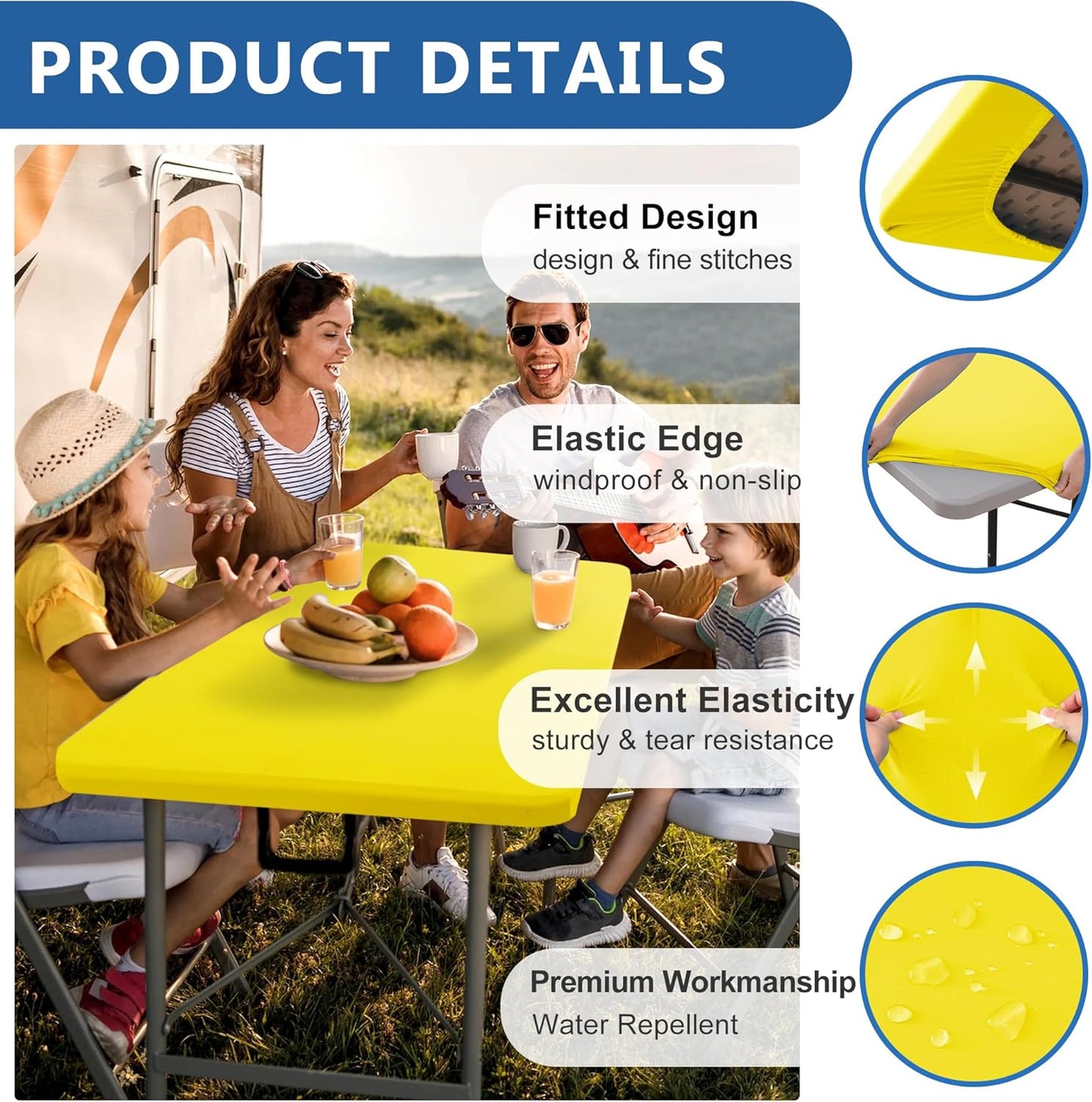 Fitted Tablecloth for 8 Foot Rectangle Tables-4 Pack Yellow Elastic Outdoor Picnic Table Cover-Spandex Stretch Folding Table Cloths 8ft for Camping Dining Room Patio Kitchen Banquet Party