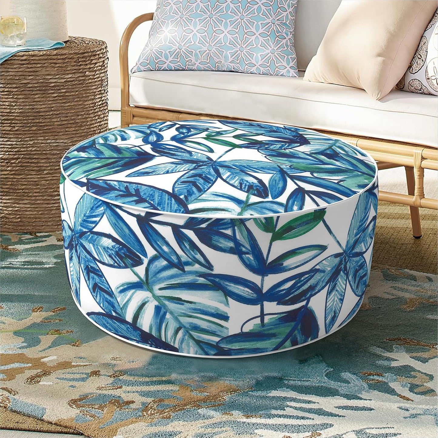 Inflatable Ottoman Stool D21 xH9 for Outdoor/Indoor Use, Water Repellent Patio Foot Rest Stool with Portable Handle,Round Pouf Ottoman Suitable for Garden,Deck and Camping - Leaves Ink Blue