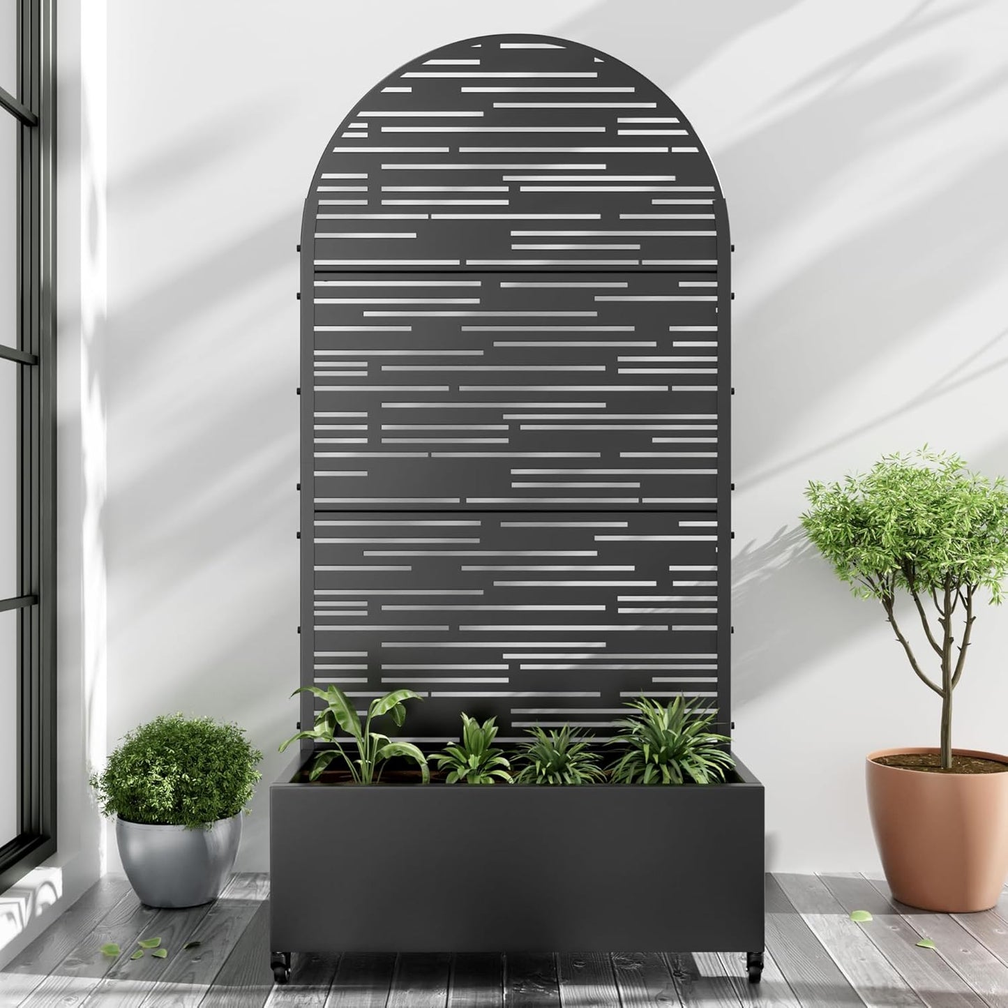 Casaphoria Metal Raised Garden Bed with Trellis and Wheels, 72"x35"x16" Arched Planter Box for Climbing Plants, Vegetables & Vines, Features Drainage Holes and Privacy Screen (Black-Shine)