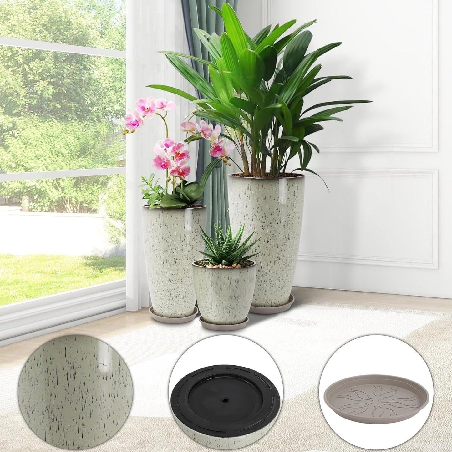 24/21/12 Inch Large Plastic Planter, Lightweight Ceramic-Look Large Flower Pots with Drain Hole & Saucers, Plastic Outdoor Planters for Garden, Patio, Balcony(Glaze White)