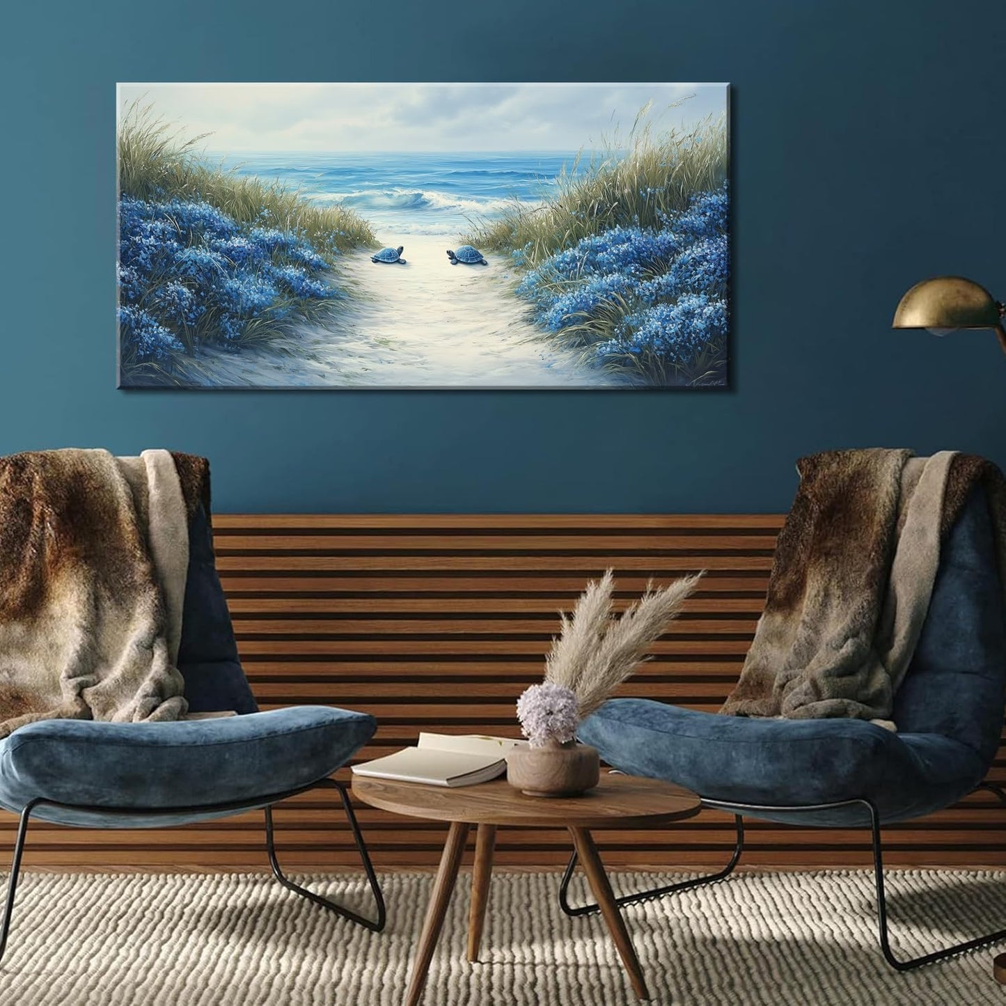 LASMOND Romantic Beach Wall Art for Living Room Blue Sea Turtle Lovers Canvas Painting Prints Ocean Sandy Romance Flowers Large Bedroom Office Decor Artwork (30x16 Inches)