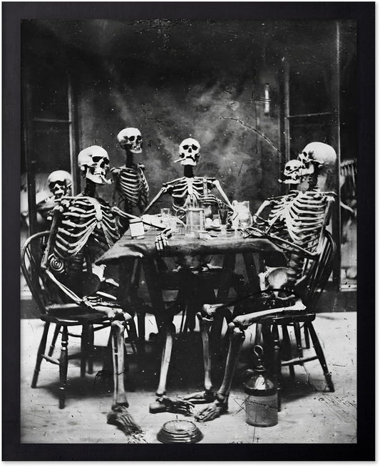 Poster Master Vintage Photograph Poster - Retro Daguerreotype Print - Gift for Artist, Friend - Skeletons Smoking at Table, Dinner Party, Goth - Wall Decor for Home, Dorm, 8x10 Black Framed