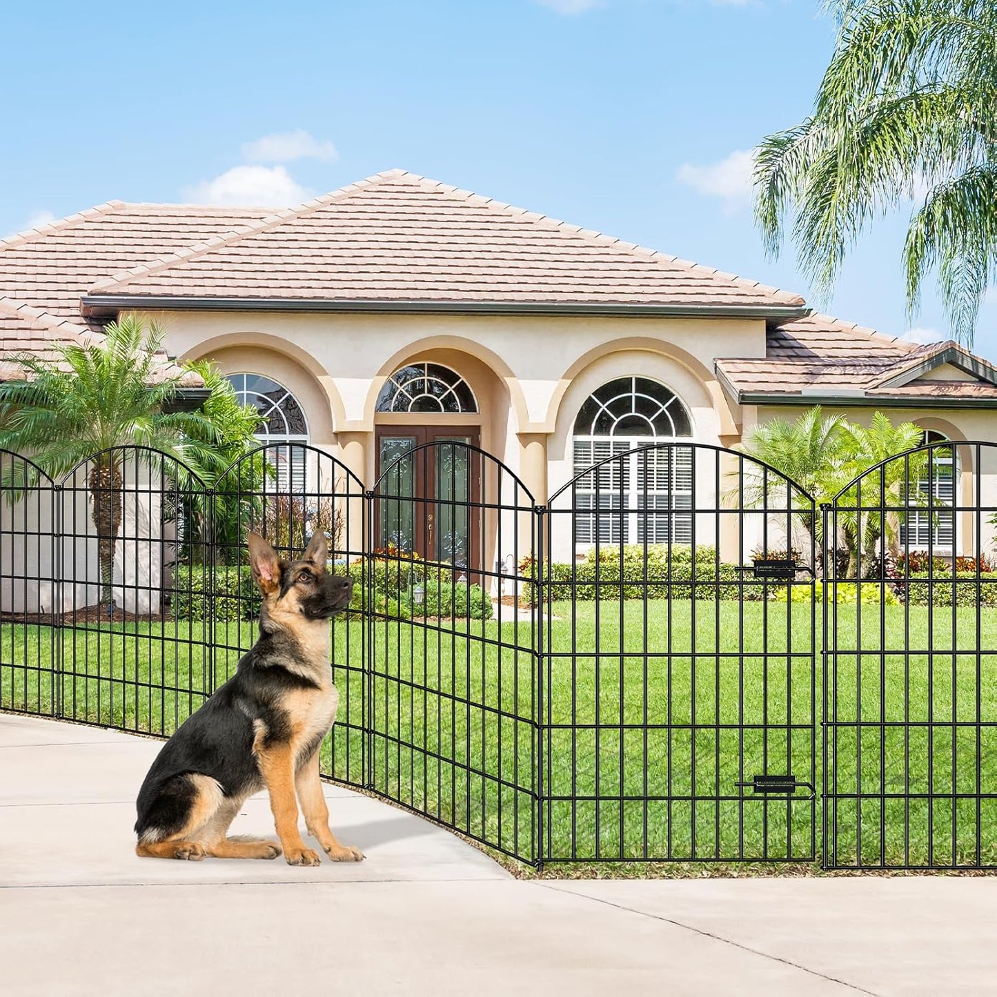 Metal Garden Fence with Gate 42in (H) x 18.7ft (L), 1 Gate+ 7 Panels Dog Fences Border Fence Animal Barrier, No Dig Garden Fencing for Yard Flower Bed Lawn Patio Outdoor, ECG4208G, Black