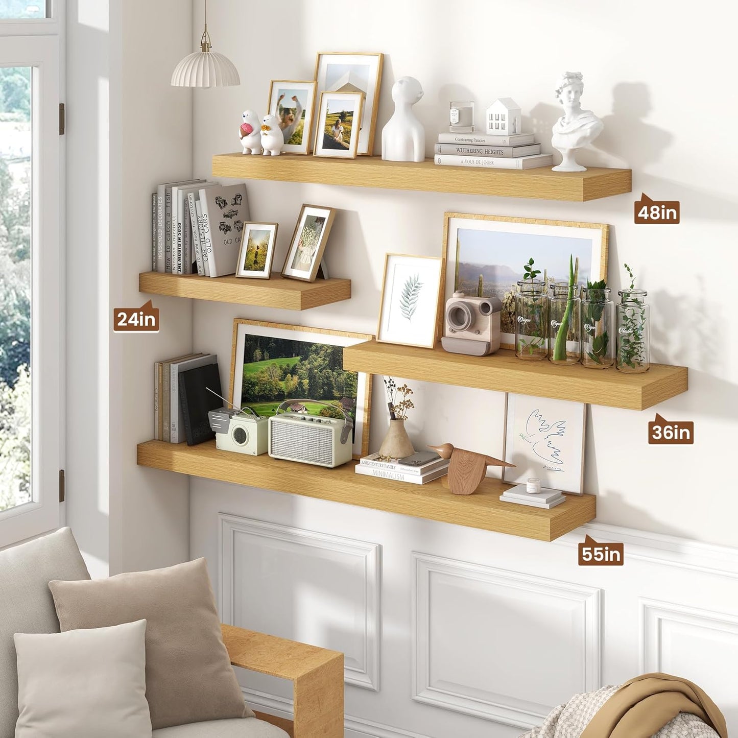 Heimlove 24 inch Floating Shelves for Wall,9.3 inch deep Bathroom Over Toilet Shelf,Wall Mounted Rustic Wood Shelves for,Bedroom,Living Room,Kitchen,Office Decor Set of 2-Oak Color