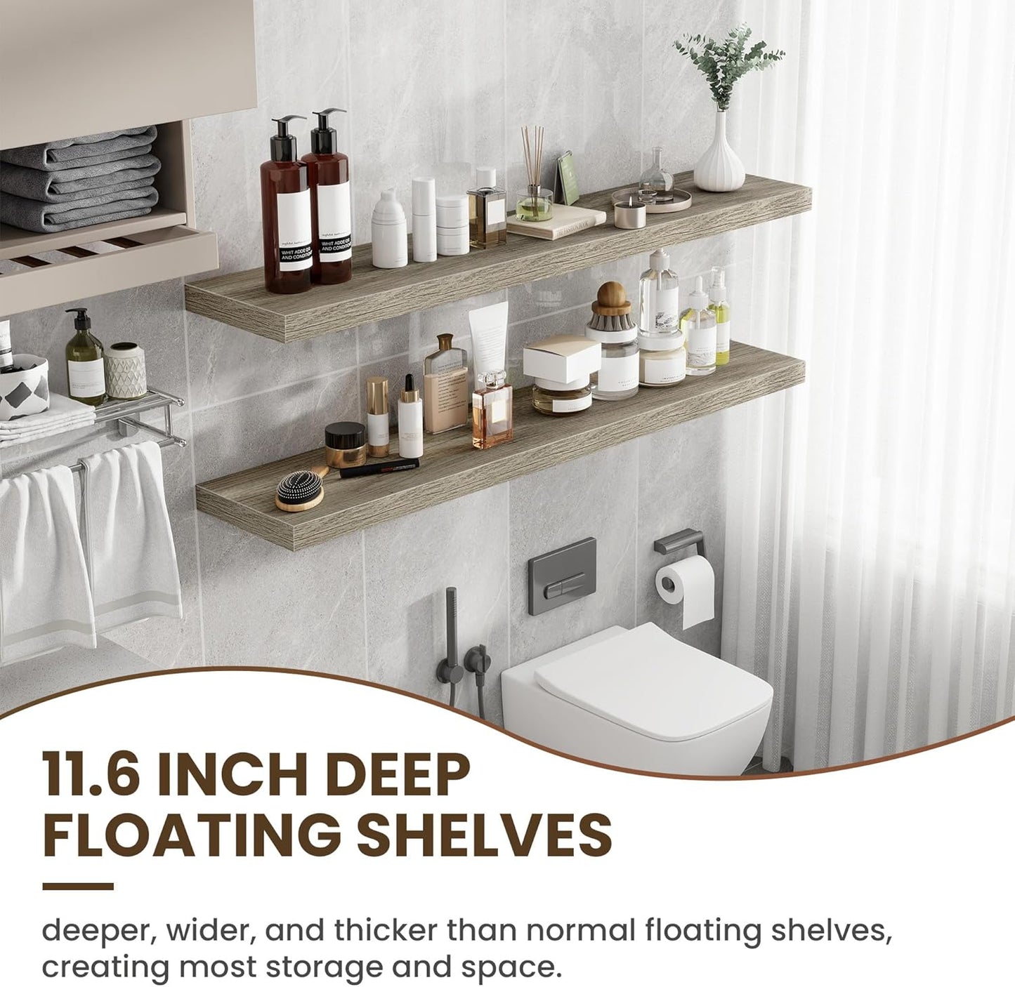 55 Inch Floating Shelves, 12 Inch Deep Floating Shelves for Wall, Floating Shelf with Invisible Brackets, Deep Shelves for Bathroom, Bedroom, Living Room, 1 Pack, Grey