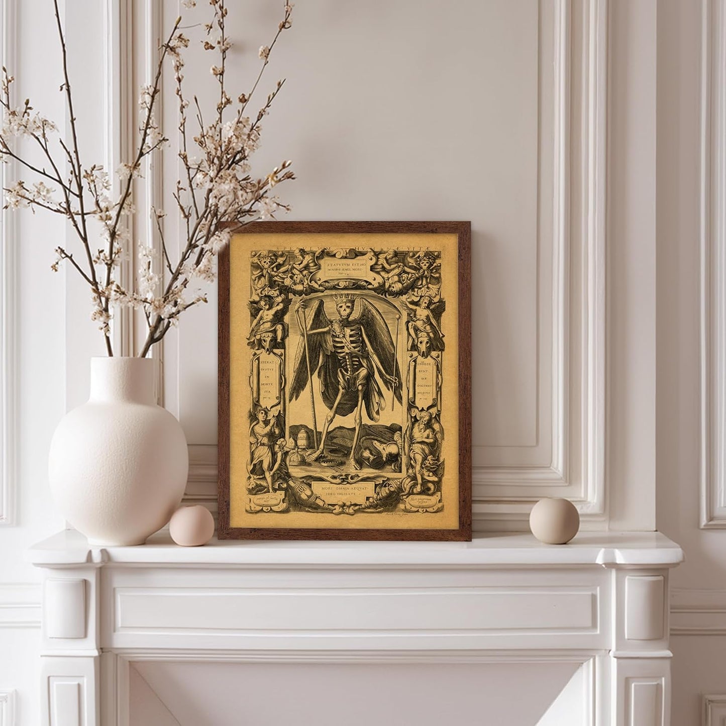 Poster Master Vintage Medieval Poster - Retro Gothic Print - Gift for Artist, Friend - Angel of Death, Memento Mori, Life, Skeleton, Dark - Wall Decor for Home, Living Room, 11x14 Brown Framed