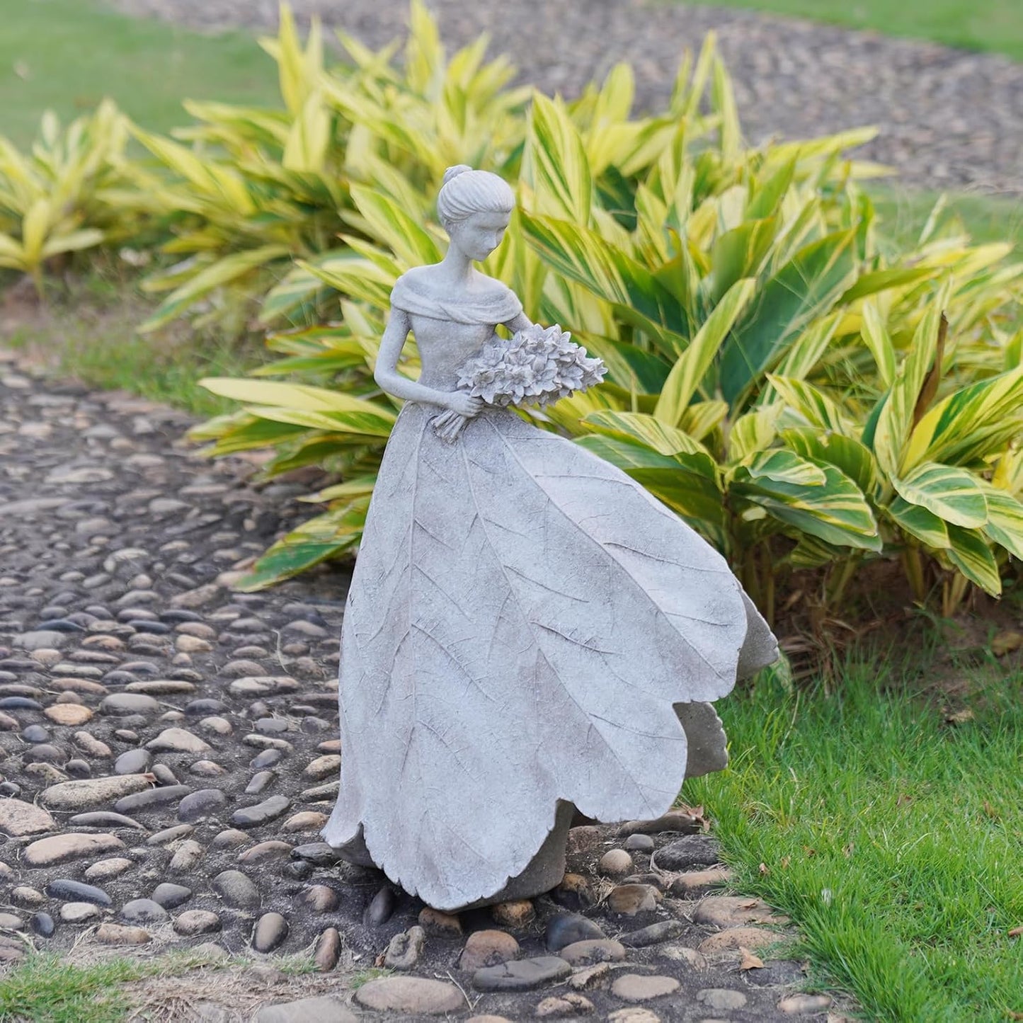 Guichifun Fairy Statue Collection Home Decoration - Grey Leaf Angel Girls Resin Home Decor for Outside or Inside Rustic Garden Outdoor Yard Decorations Figurines Gift 14.25 x 9 x 20.25 Inch