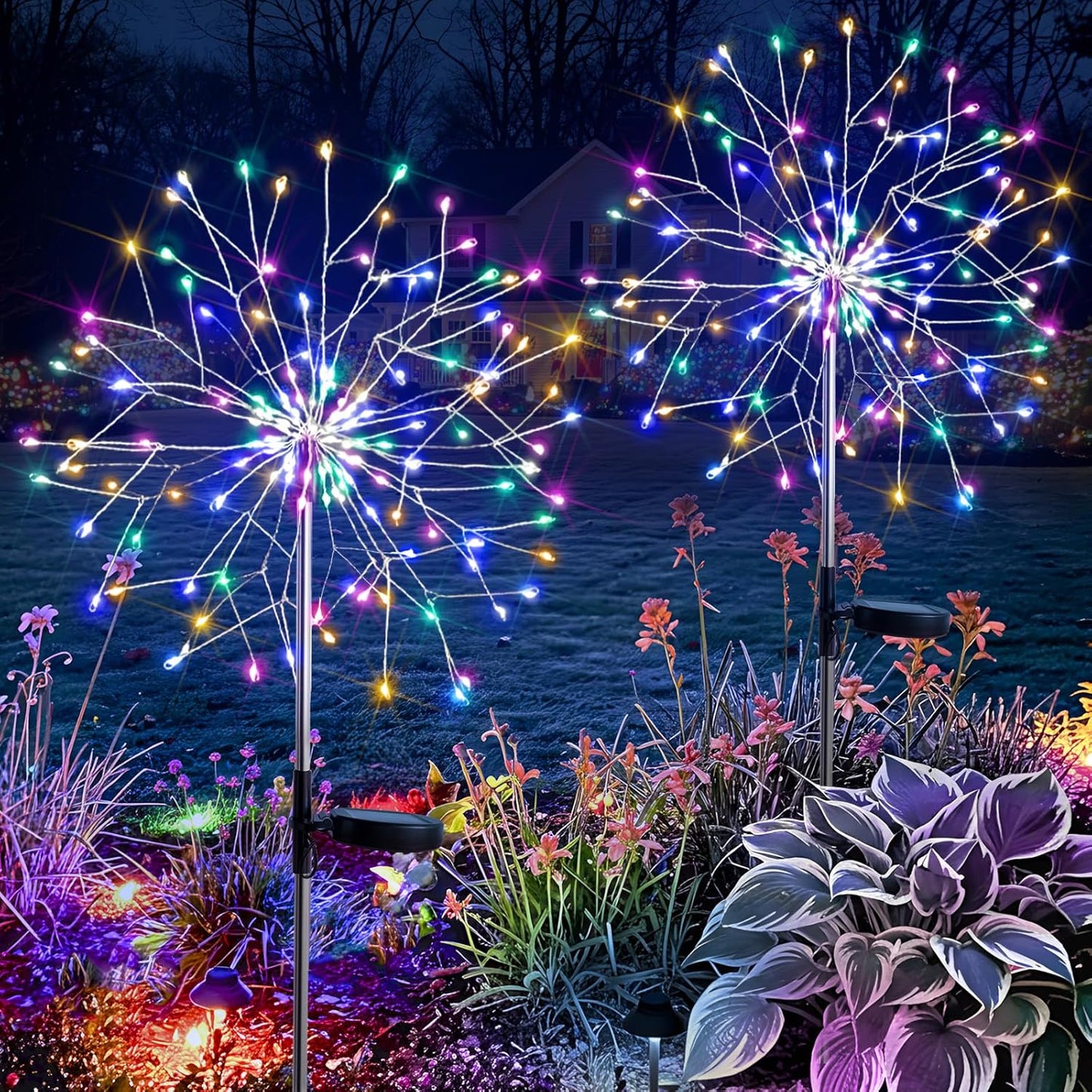 suddus Solar Garden Lights Outdoor Waterproof, Upgrade 2 Pack 150LED Solar Firework Lights, 8 Modes Starburst Fairy Light for Front Yard, Driveway, Bushes, Patio Christmas Decor (Multicolor)