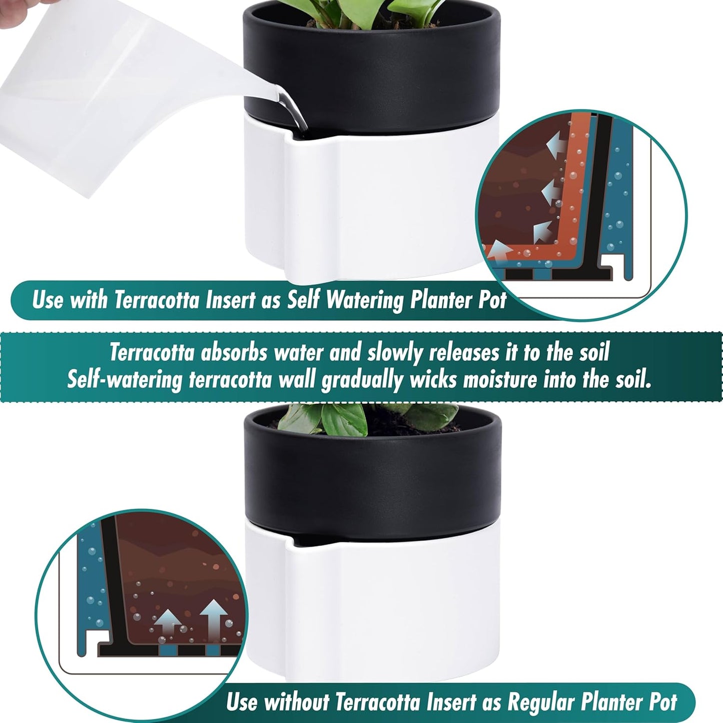 8 Inch Self-Watering Planter Pot with Terracotta Insert, Deep Water Reservoir, and Ceramic-Alike BPA-Free Plastic Planter Pot for Plant, Modern Planter for Houseplants, White/Black, 53-B-T-4