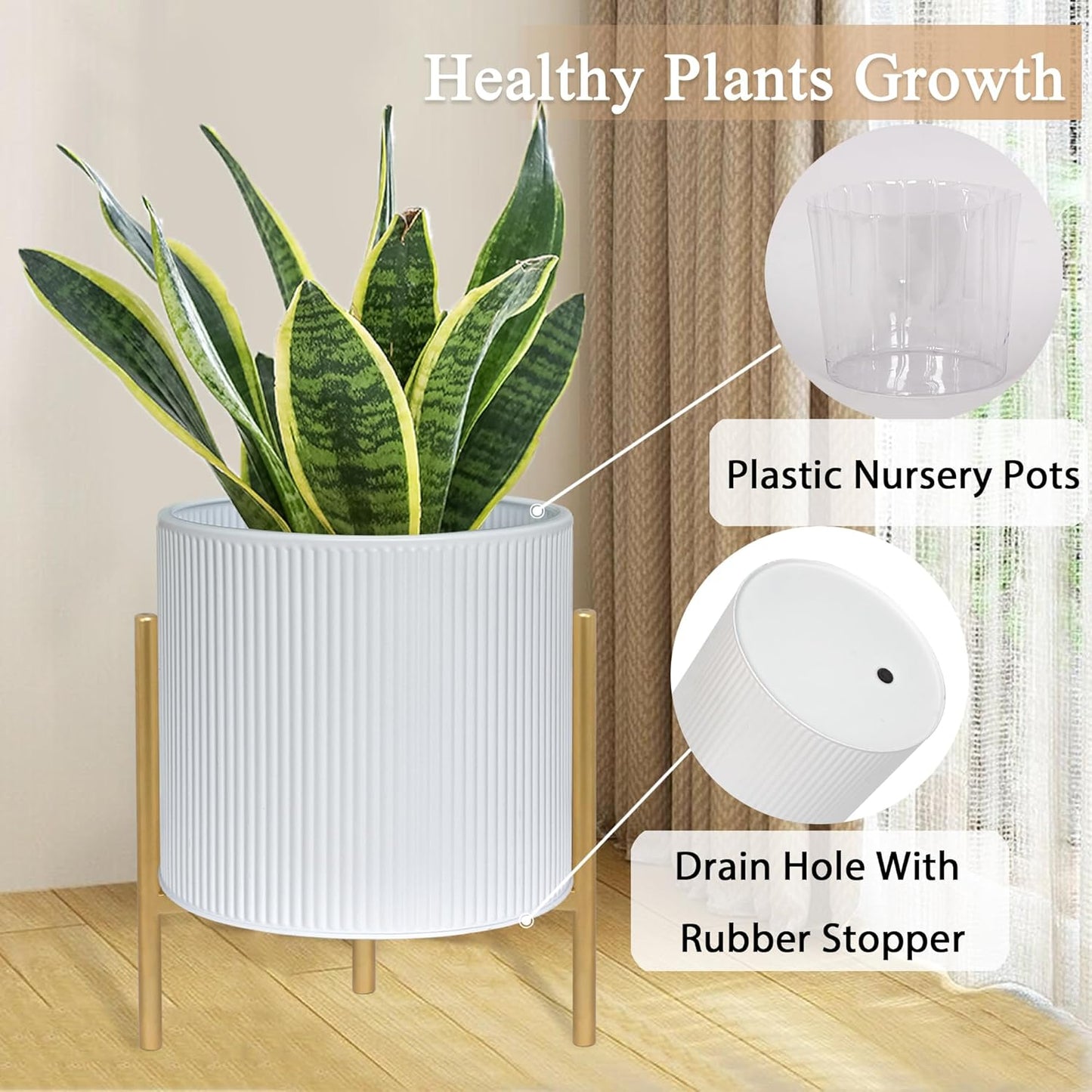 ARNIS Modern Planter Pots, Set of 2 Round Large Planters with Stand, Decorative Floor Planters, Metal Pots with Drainage Holes for Living Room, Office, Garden or Balcony, 8.25 &10.5 Inch, White & Gold